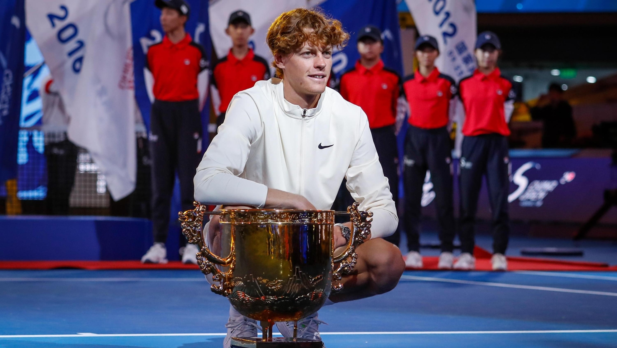 epa10899559 Jannik Sinner of Italy poses with his trophy after winning the Men's Singles Final match against Daniil Medvedev of Russia (not pictured) at the China Open tennis tournament in Beijing, China, 04 October 2023.  EPA/MARK R. CRISTINO