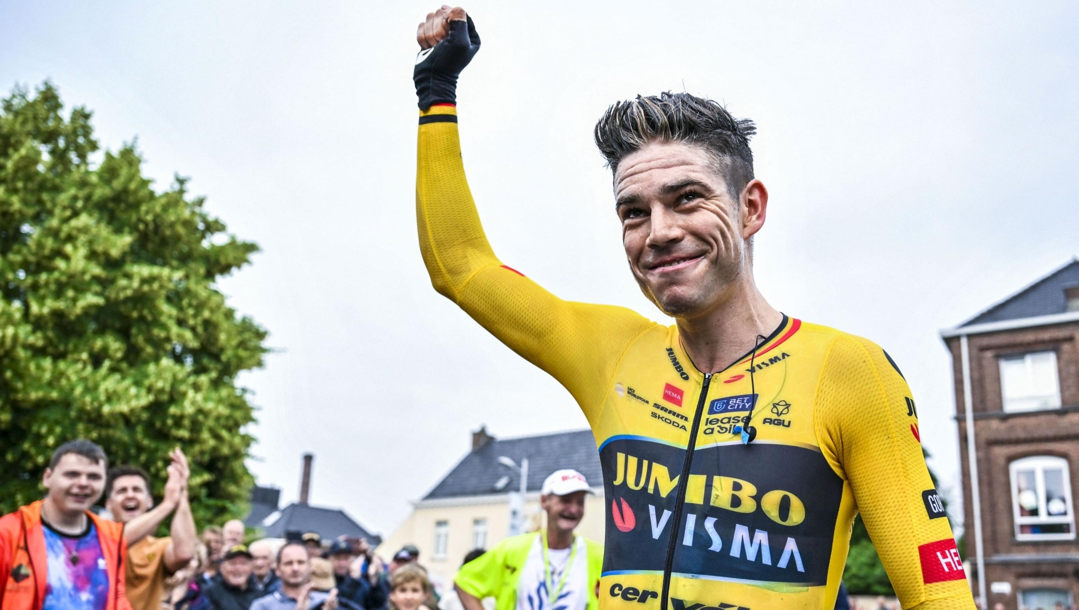 Winner, Team Jumbo-Visma's Belgian Wout van Aert 
celebrates at the end of the Men's 41,6 km individual time trial elite race at the Belgian Championships cycling, around Herzele on June 22, 2023. (Photo by DIRK WAEM / Belga / AFP) / Belgium OUT