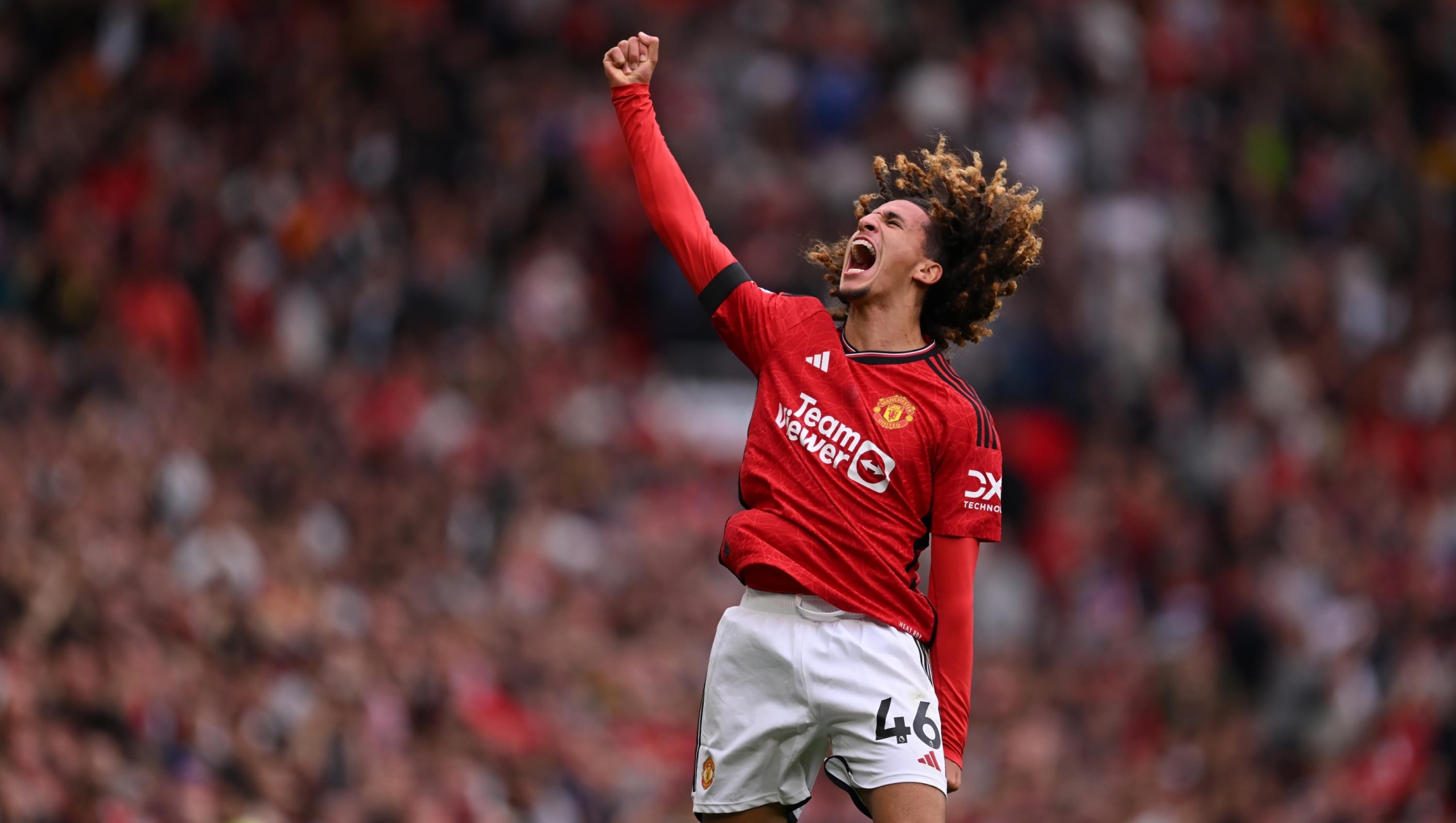 MANCHESTER, ENGLAND - SEPTEMBER 16: Hannibal Mejbri of Manchester United celebrates his goal to make it 3-1 during the Premier League match between Manchester United and Brighton & Hove Albion at Old Trafford on September 16, 2023 in Manchester, England. (Photo by Michael Regan/Getty Images)