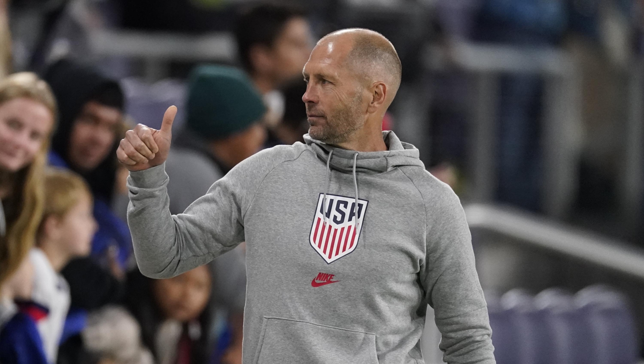 United States head coach Gregg Berhalter gives a thumbs up to fans after the team's 4-0 win against Ghana in an international friendly soccer match Tuesday, Oct. 17, 2023, in Nashville, Tenn. (AP Photo/George Walker IV)