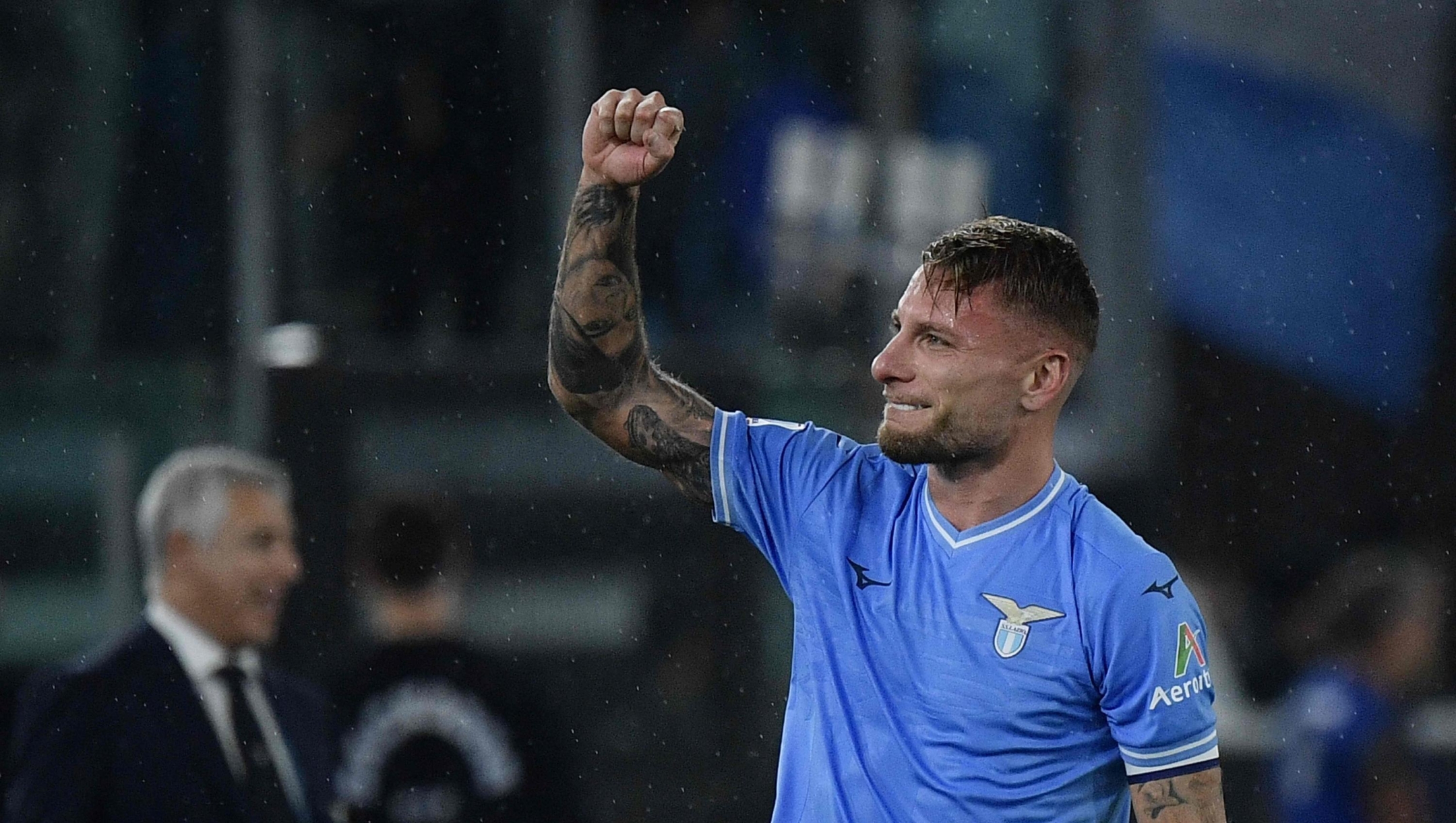 Lazio's Italian forward #17 Ciro Immobile celebrates after scoring a penalty during the Italian Serie A football match between Lazio and Fiorentina at the Olympic stadium in Rome, on October 30, 2023. (Photo by Filippo MONTEFORTE / AFP)