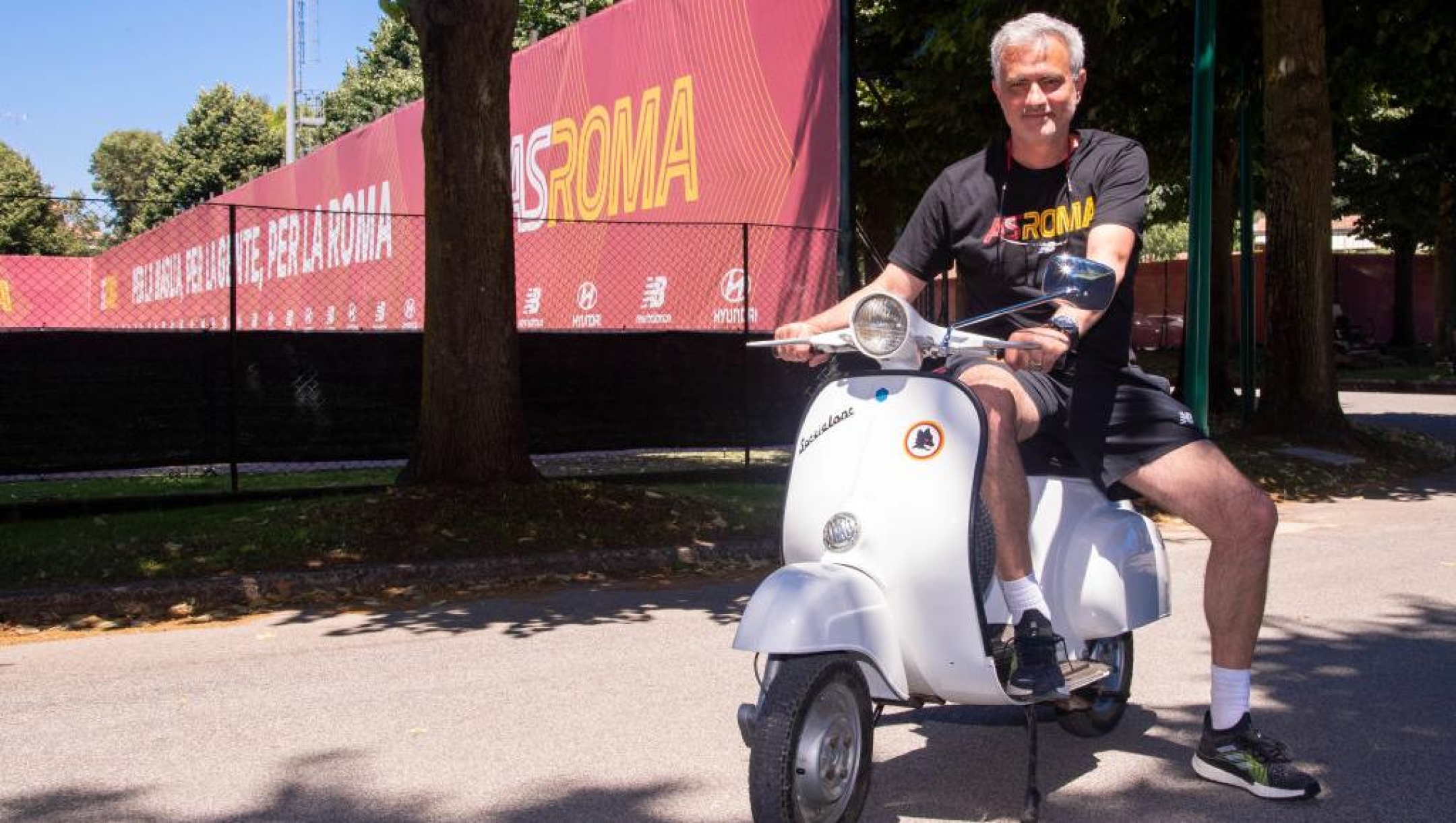 AS Roma Coach Jose Mourinho rides a vespa at Centro Sportivo Fulvio Bernardini on July 6, 2021 in Rome, Italy.