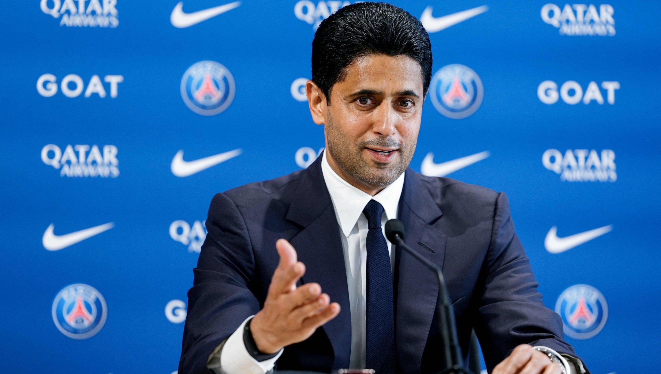 Paris Saint Germain's Qatari president Nasser al-Khelaifi speaks during a press conference to announce the presentation of the new coach, at the new 'campus' of French L1 Paris Saint-Germain (PSG) football club at Poissy, west of Paris on July 5, 2023. Former Barcelona and Spain coach Luis Enrique has been appointed as the new coach of Paris Saint-Germain on a two-year deal, the French champions announced on July 5, 2023. (Photo by Geoffroy VAN DER HASSELT / AFP)