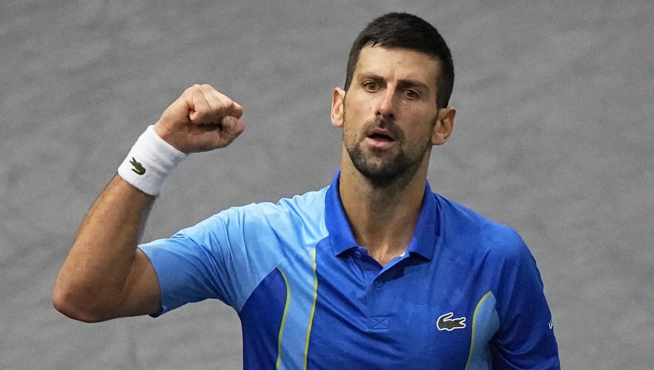 Serbia's Novak Djokovic celebrates after winning a point during the final match against Bulgaria's Grigor Dimitrov at the Paris Masters tennis tournament Sunday, Nov. 5, 2023. (AP Photo/Michel Euler)
