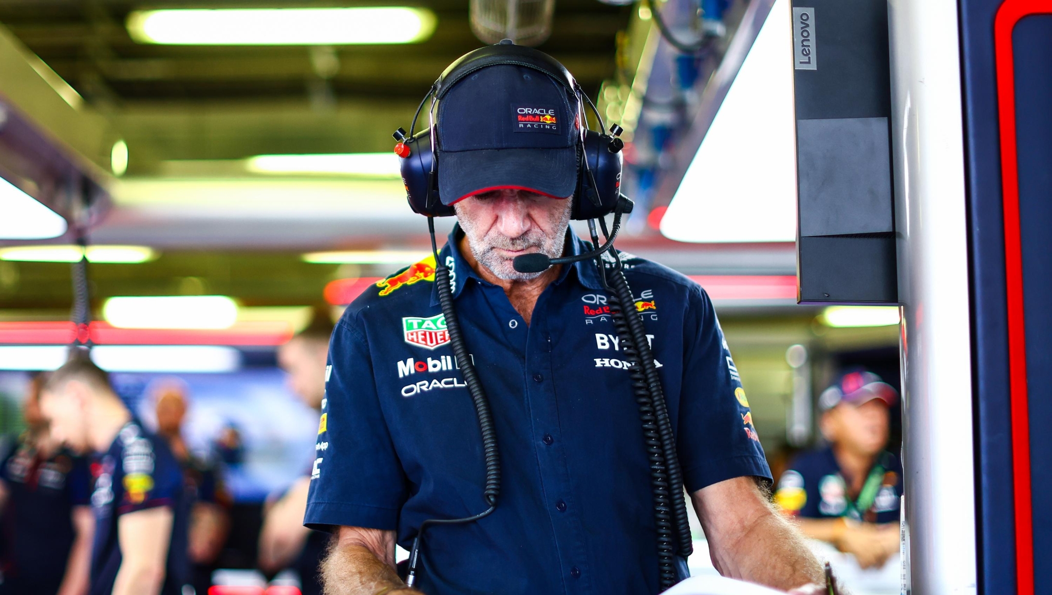 MEXICO CITY, MEXICO - OCTOBER 28: Adrian Newey, the Chief Technical Officer of Red Bull Racing looks on in the garage during qualifying ahead of the F1 Grand Prix of Mexico at Autodromo Hermanos Rodriguez on October 28, 2023 in Mexico City, Mexico. (Photo by Mark Thompson/Getty Images)