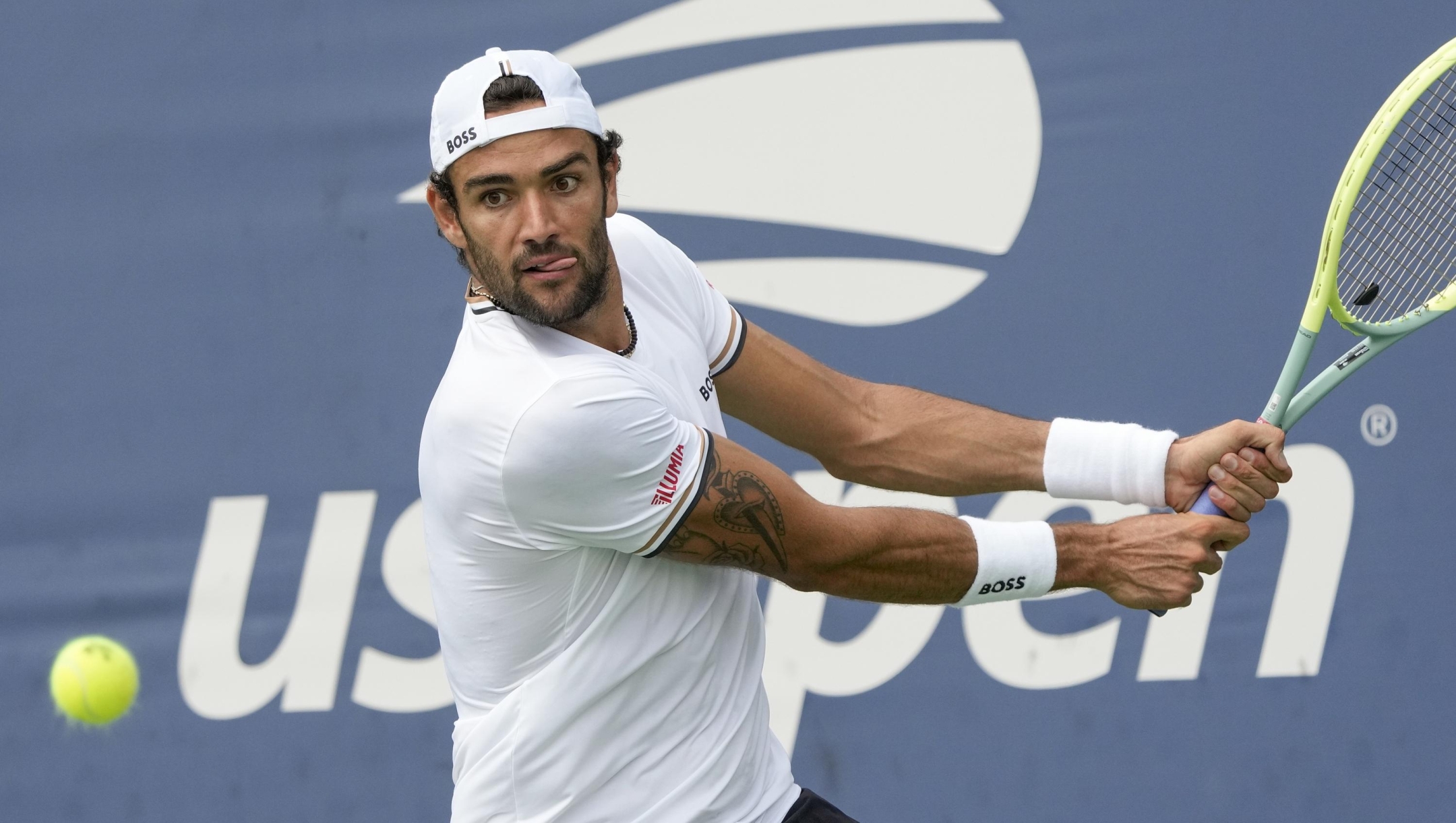 Matteo Berrettini, of Italy, returns a shot to Ugo Humbert, of France, during the first round of the U.S. Open tennis championships, Tuesday, Aug. 29, 2023, in New York. (AP Photo/Mary Altaffer)