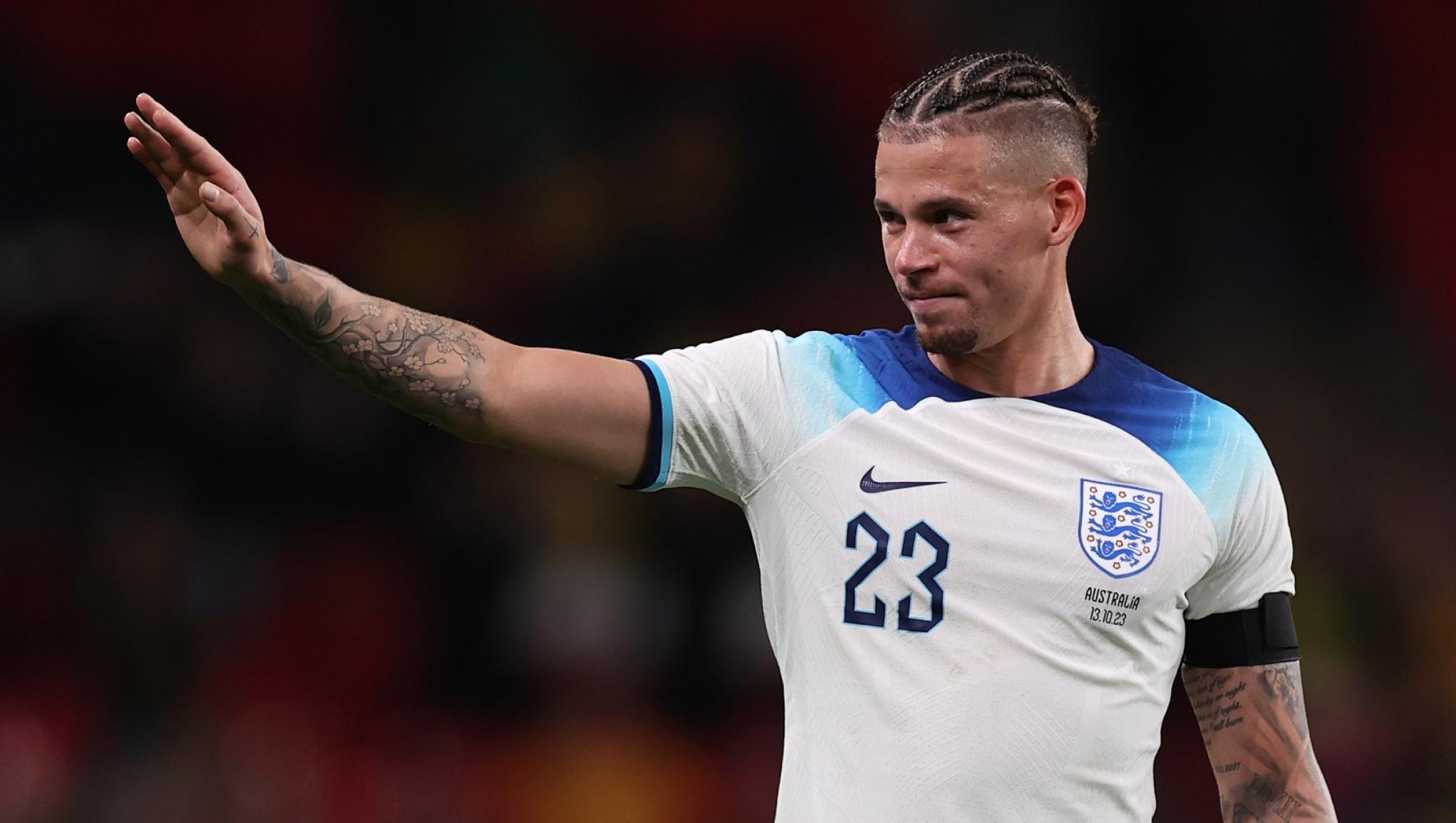 LONDON, ENGLAND - OCTOBER 13: Kalvin Phillips of England reacts during the international friendly match between England and Australia at Wembley Stadium on October 13, 2023 in London, England. (Photo by Ryan Pierse/Getty Images)