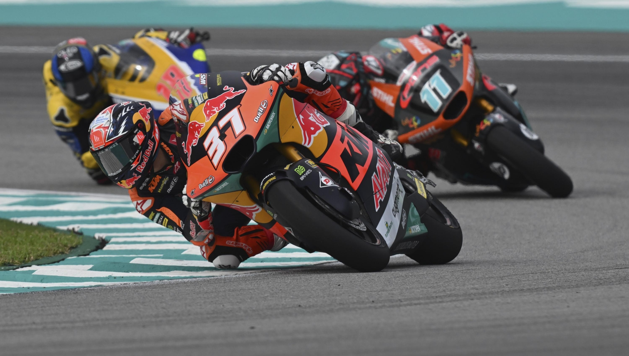 KUALA LUMPUR, MALAYSIA - NOVEMBER 11: Pedro Acosta of Spain and Red Bull KTM Ajo leads the field during the Moto2 Grand Prix of Malaysia - Qualifying at Sepang Circuit on November 11, 2023 in Kuala Lumpur, Malaysia. (Photo by Mirco Lazzari gp/Getty Images)
