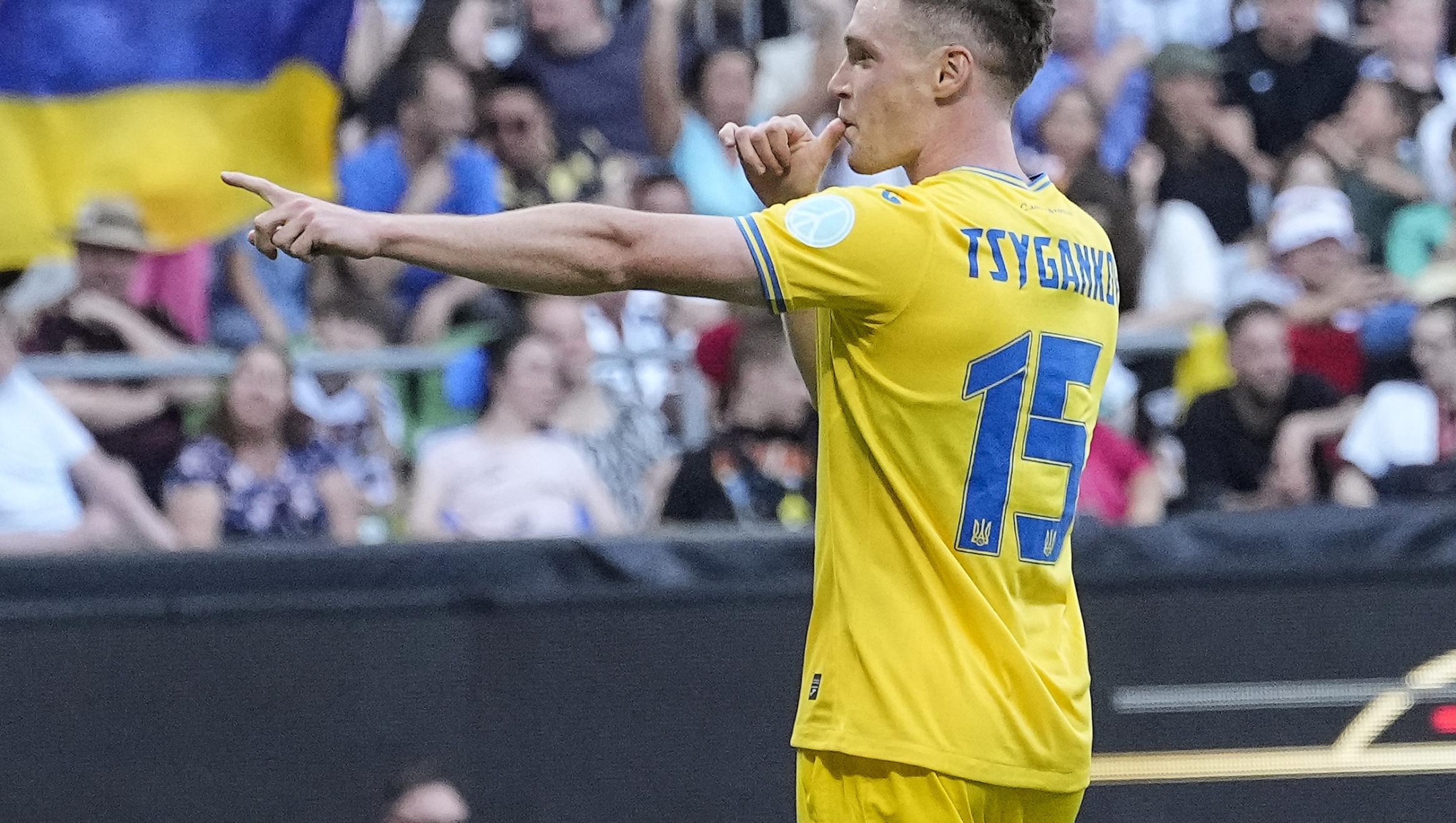 Ukraine's Viktor Tsygankov celebrates after scoring during a friendly soccer match between Germany and Ukraine in Bremen, Germany, Monday, June 12, 2023. It is the 1000st match for the German national soccer team. (AP Photo/Martin Meissner)