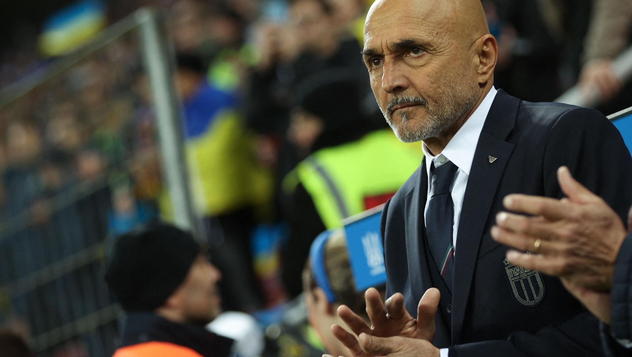 Italy's coach Luciano Spalletti reacts from the sidelines prior to the UEFA EURO 2024 Group C qualifying football match between Ukraine and Italy at the BayArena Stadium in Leverkusen, western Germany on November 20, 2023. (Photo by LEON KUEGELER / AFP)