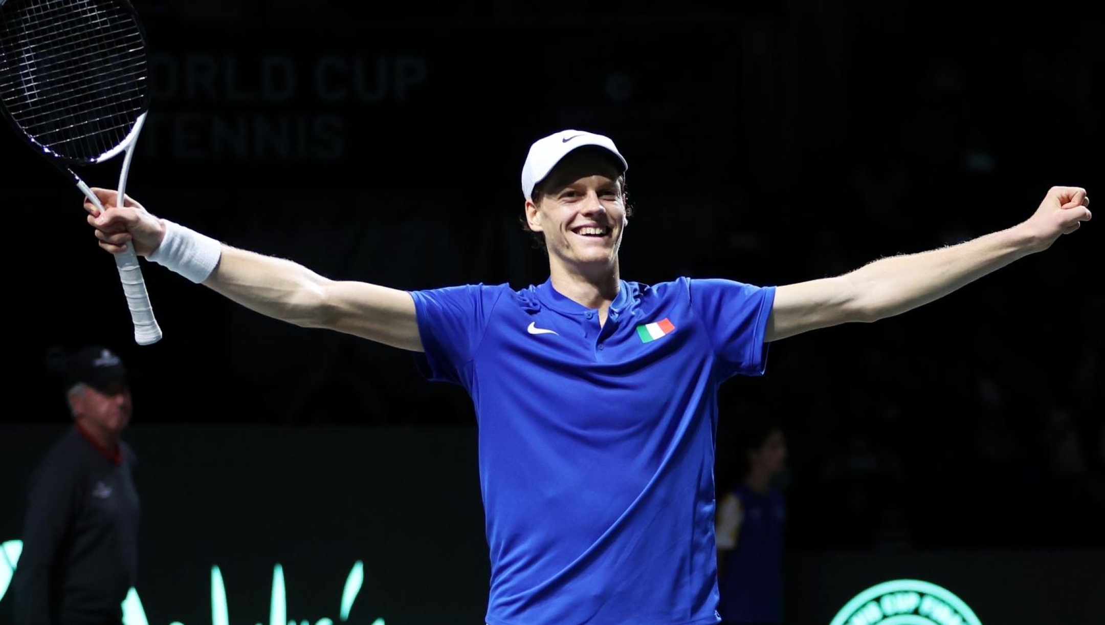 MALAGA, SPAIN - NOVEMBER 26: Jannik Sinner of Italy celebrates winning match point during the Davis Cup Final match against Alex De Minaur of Australia at Palacio de Deportes Jose Maria Martin Carpena on November 26, 2023 in Malaga, Spain. (Photo by Clive Brunskill/Getty Images for ITF)