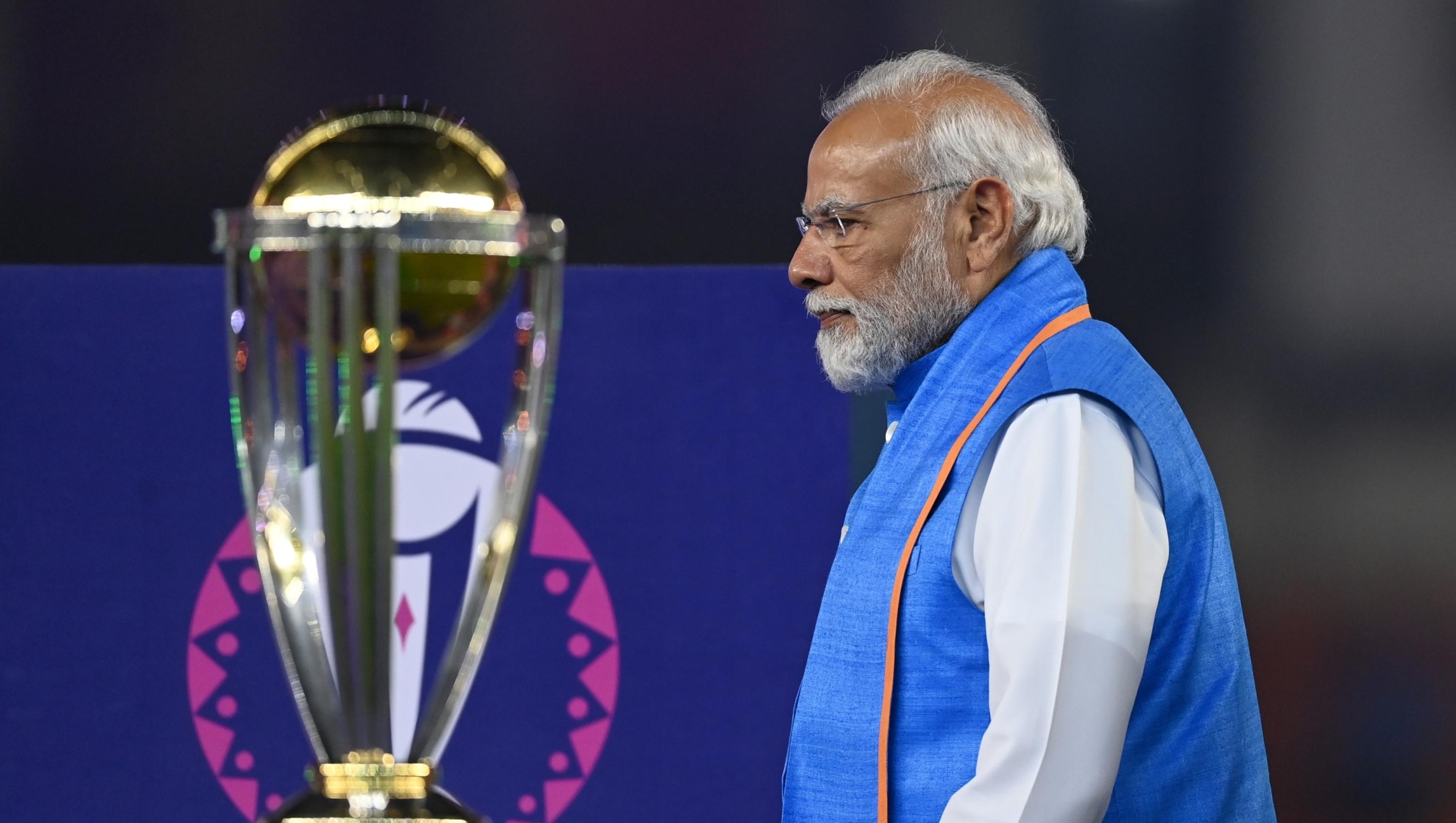 AHMEDABAD, INDIA - NOVEMBER 19: Narendra Modi, Prime Minister for India walks past the World Cup at the presentations of the ICC Men's Cricket World Cup India 2023 Final between India and Australia at Narendra Modi Stadium on November 19, 2023 in Ahmedabad, India. (Photo by Gareth Copley/Getty Images)