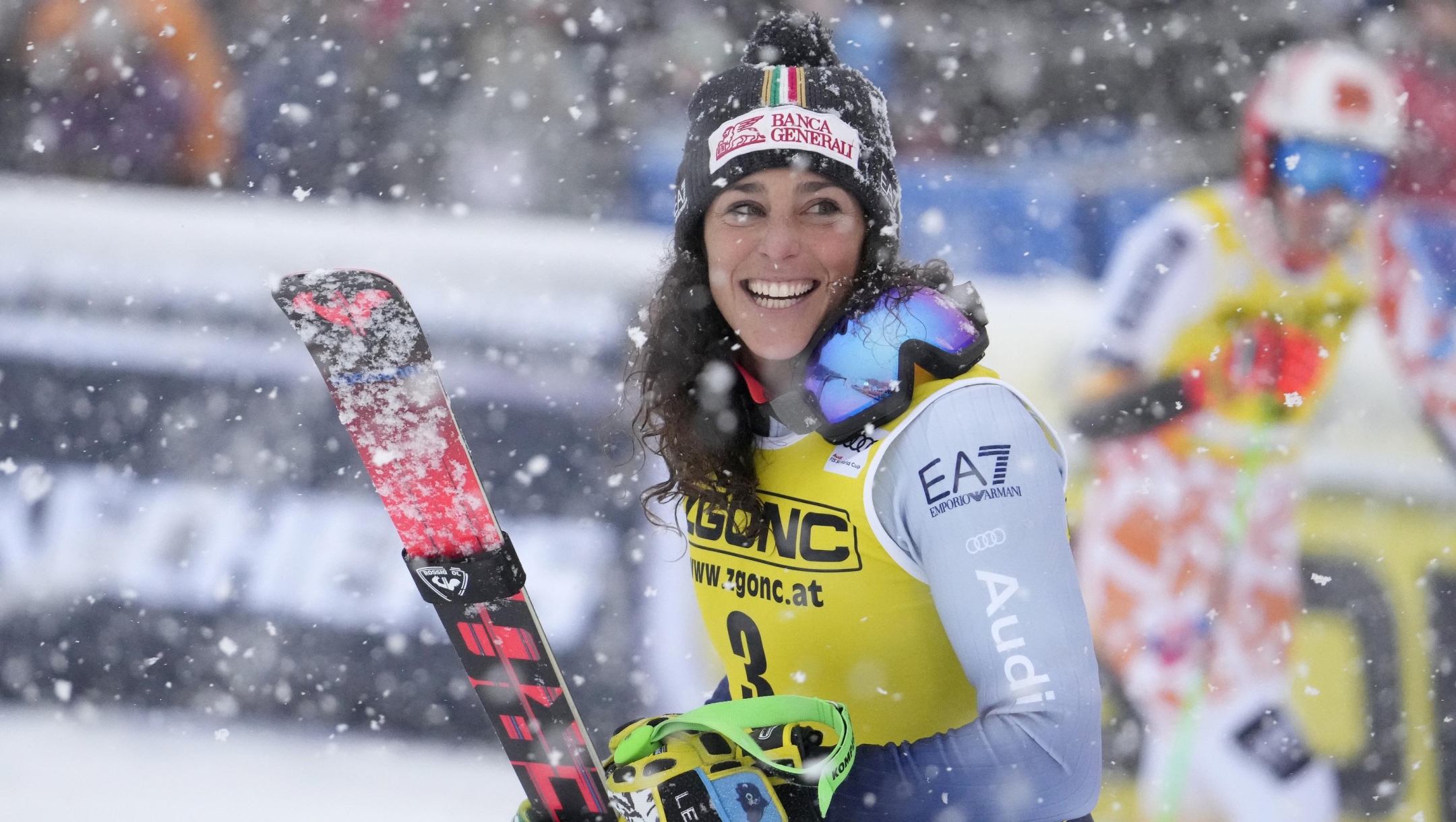 Federica Brignone of Italy reacts to her winning time as she arrives at the end of the course for the women's World Cup giant slalom in Mont Tremblant, Quebec,, Sunday, Dec. 3, 2023. (Frank Gunn /The Canadian Press via AP)