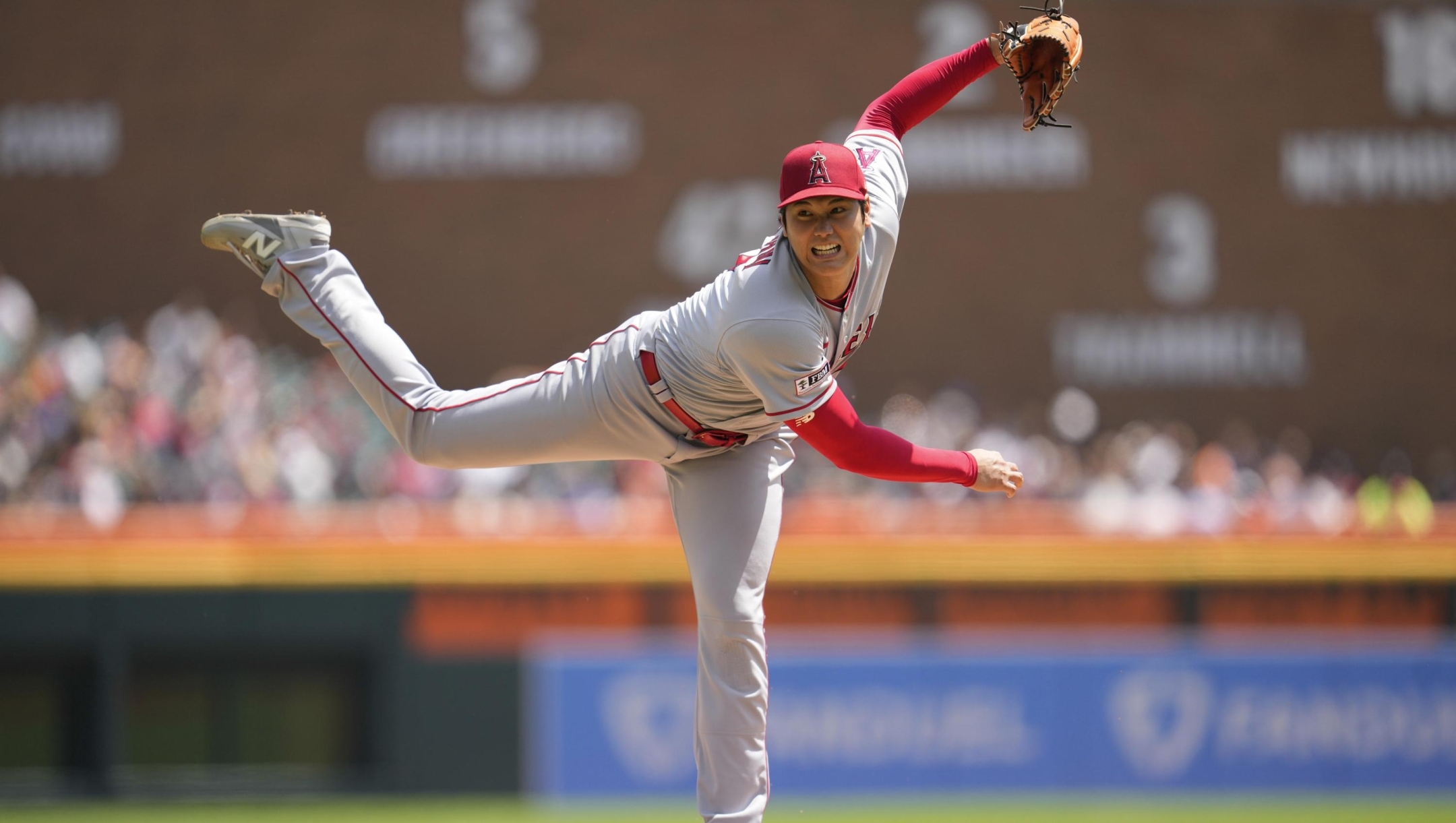 FILE - Los Angeles Angels pitcher Shohei Ohtani throws against the Detroit Tigers in the fourth inning during the first baseball game of a doubleheader, Thursday, July 27, 2023, in Detroit. Shohei Ohtani is a favorite to win his second AL Most Valuable Player award, Thursday, Nov. 16, 2023. (AP Photo/Paul Sancya, File)