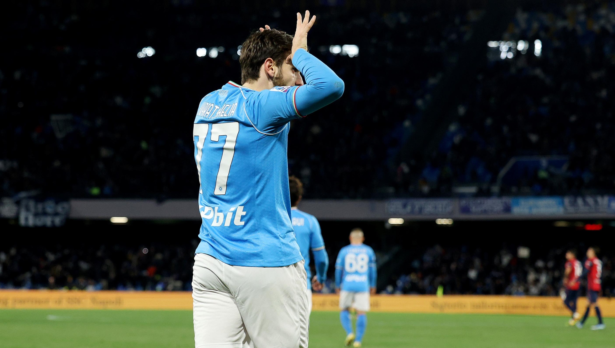 NAPLES, ITALY - DECEMBER 16: Khvicha Kvaratskhelia of SSC Napoli celebrates after scoring their team's second goal during the Serie A TIM match between SSC Napoli and Cagliari Calcio at Stadio Diego Armando Maradona on December 16, 2023 in Naples, Italy. (Photo by Francesco Pecoraro/Getty Images)