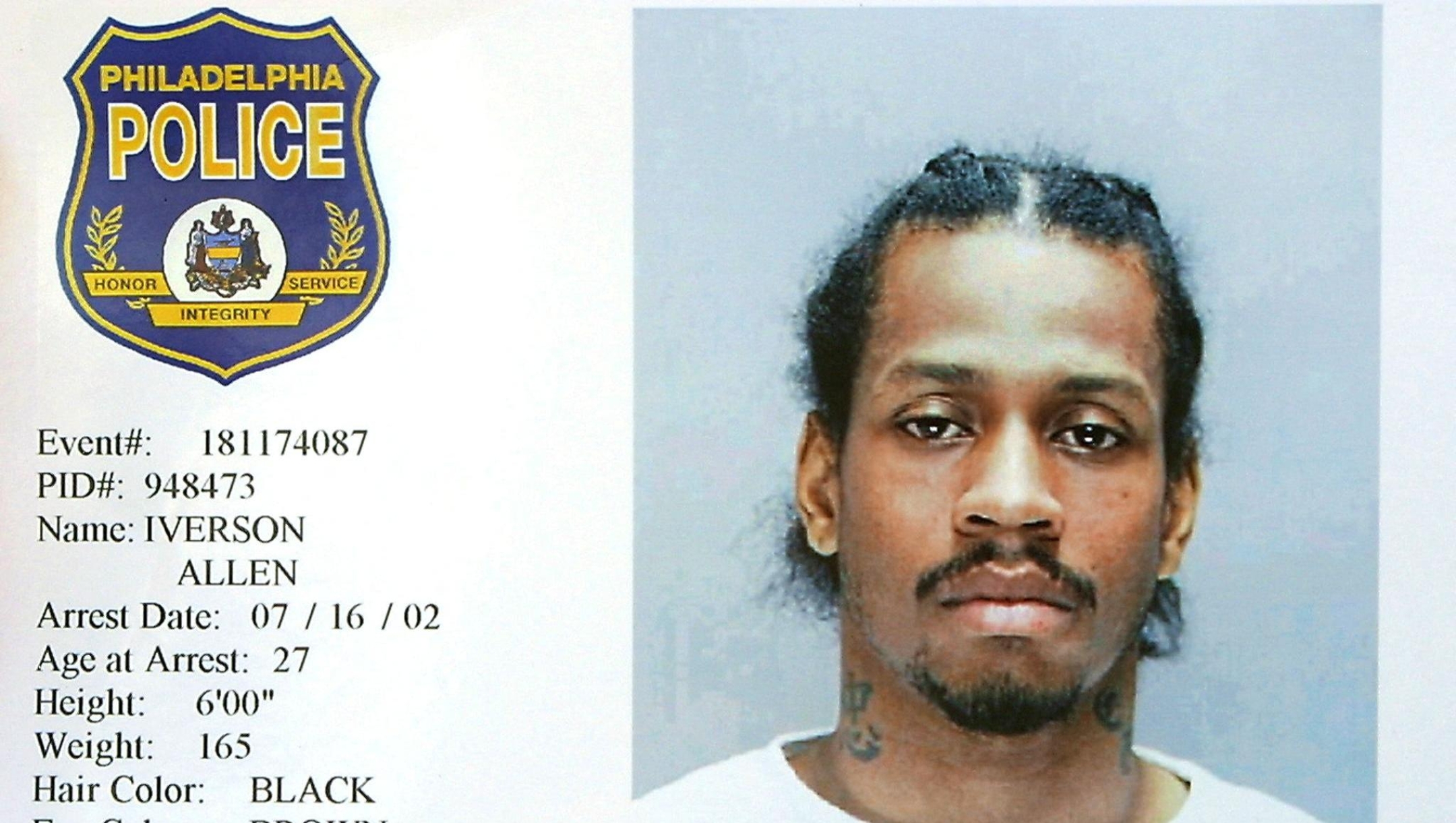 This offical Philadelphia Police Department booking photograph released 16 July 2002 shows Philadelphia 76ers guard Allen Iverson, who surrendered to police 16 July 2002 in Philadelphia on charges he threatened two men with a gun after barging into a cousin's apartment 03 July 2002.  Iverson was charged with criminal trespassing, assault, false imprisonment, conspiracy, firearms violations and other offenses that could bring a maximum of 70 years in prison, although lawyers involved in the case have told newspapers they doubt he will serve any jail time.    AFP PHOTO/PHILADELPHIA POLICE DEPT. (Photo by PHILADELPHIA POLICE DEPARTMENT / AFP)