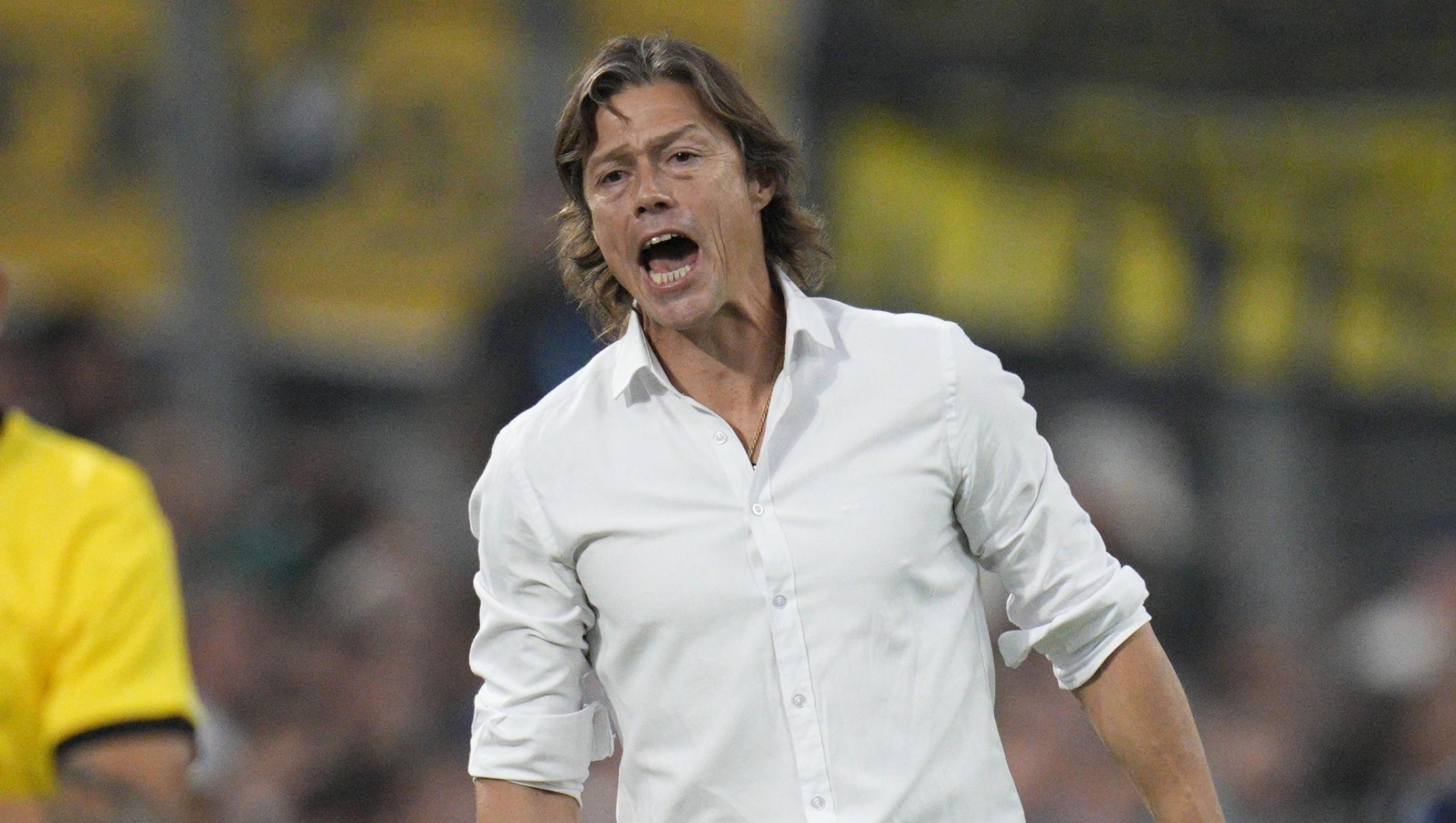 AEK's Matias Almeyda shouts during the Europa League Group B soccer match between Olympique de Marseille and AEK Athens, at the Velodrome Stadium, in Marseille, France, Thursday, Oct.26, 2023. (AP Photo/Daniel Cole)