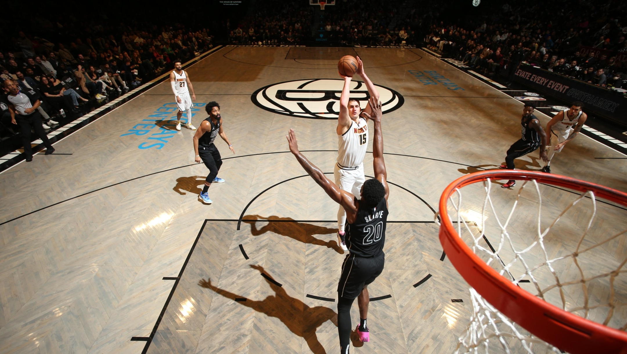 BROOKLYN, NY - DECEMBER 22: Nikola Jokic #15 of the Denver Nuggets shoots the ball during the game on December 22, 2023 at Barclays Center in Brooklyn, New York. NOTE TO USER: User expressly acknowledges and agrees that, by downloading and or using this Photograph, user is consenting to the terms and conditions of the Getty Images License Agreement. Mandatory Copyright Notice: Copyright 2023 NBAE   Nathaniel S. Butler/NBAE via Getty Images/AFP (Photo by Nathaniel S. Butler / NBAE / Getty Images / Getty Images via AFP)