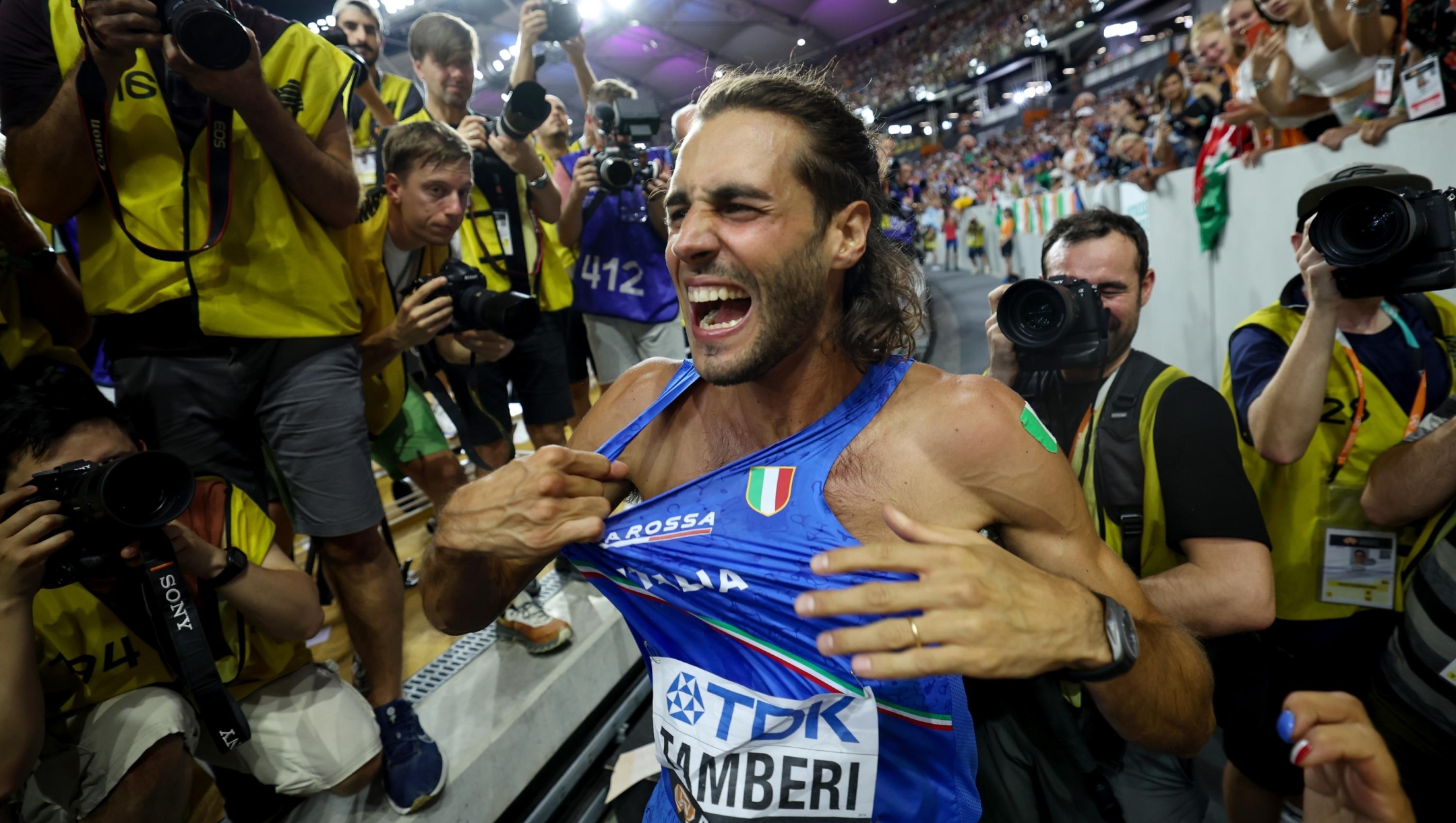 BUDAPEST, HUNGARY - AUGUST 22: Gold medalist Gianmarco Tamberi of Team Italy reacts after winning the Men's High Jump Final during day four of the World Athletics Championships Budapest 2023 at National Athletics Centre on August 22, 2023 in Budapest, Hungary. (Photo by Steph Chambers/Getty Images) *** BESTPIX ***