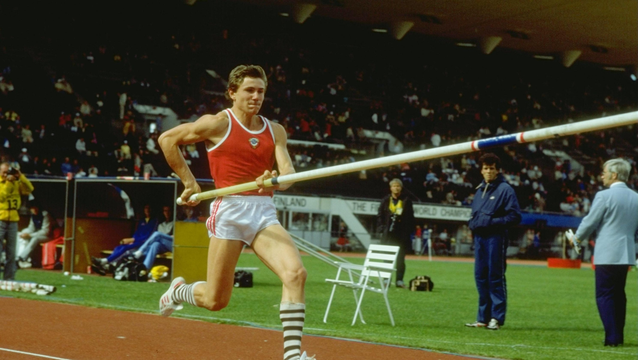 14 Aug 1983:  Sergey Bubka of the Ukraine in action during the Pole Vault event at the 1983 World Championships in Helsinki, Finland. Bubka won the gold medal with a leap of 5.70 metres.  \ Mandatory Credit: Tony  Duffy/Allsport
