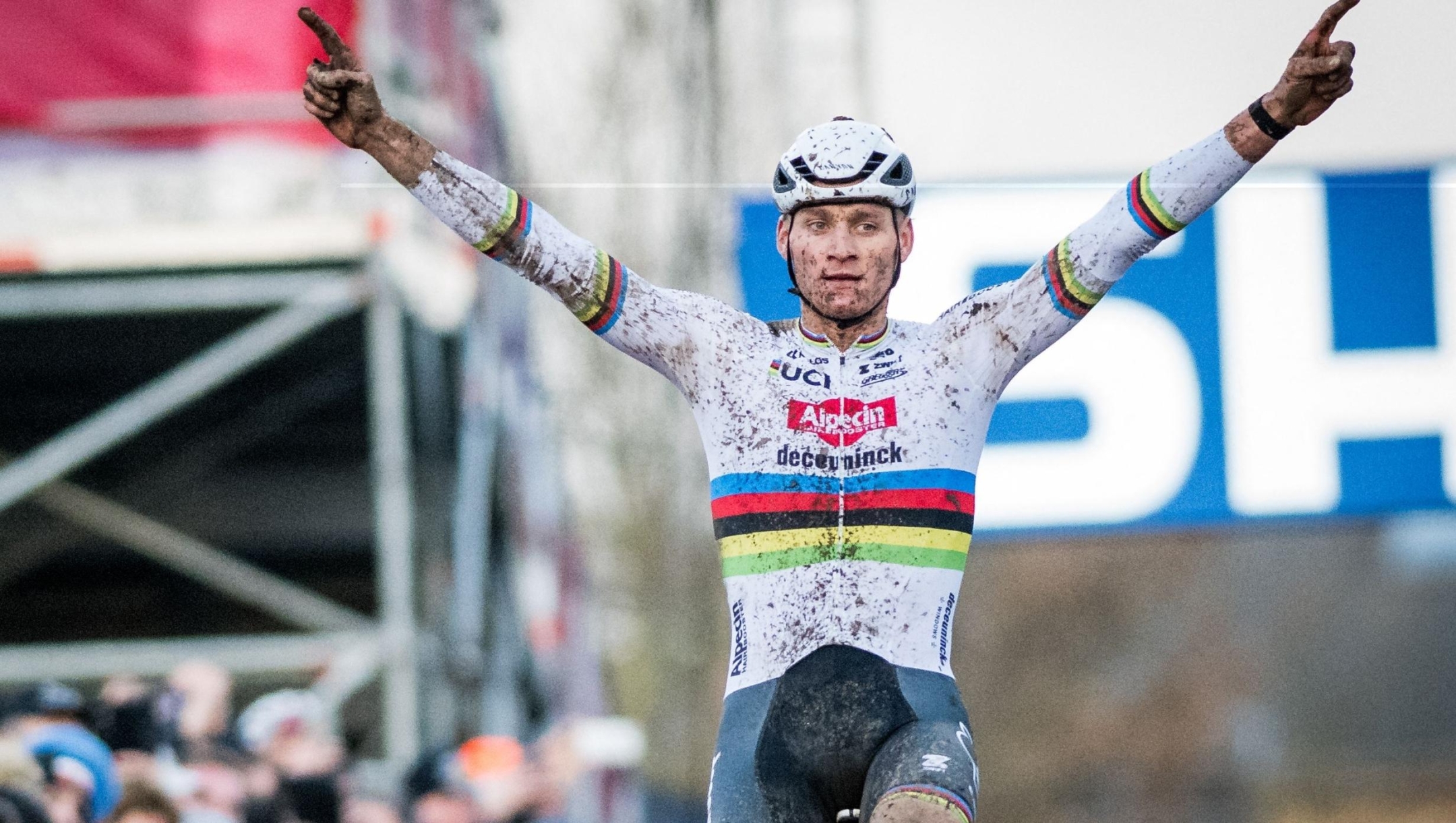 Dutch Mathieu Van Der Poel celebrates as he crosses the finish line to win the men's elite race of the World Cup cyclocross cycling event in Gavere on December 26, 2023, stage 10 (out of 14) of the UCI World Cup competition. (Photo by JASPER JACOBS / Belga / AFP) / Belgium OUT