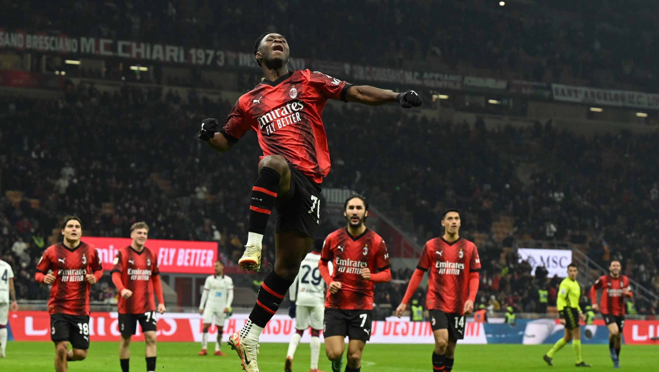 MILAN, ITALY - JANUARY 02:  Chaka Traore of AC Milan celebrates after scoring the goal during the Coppa Italia match between AC Milan and Cagliari Calcio on January 02, 2024 in Milan, Italy. (Photo by Claudio Villa/AC Milan via Getty Images)