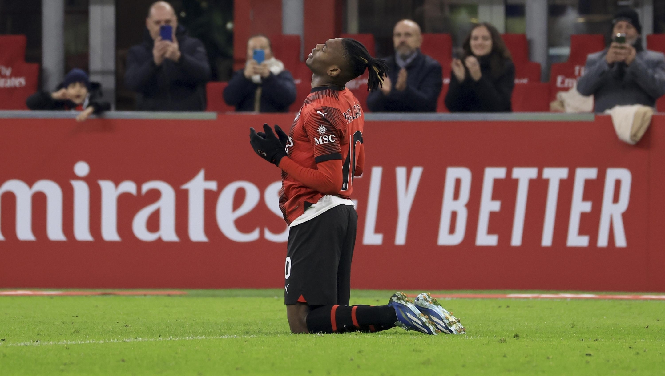 MILAN, ITALY - JANUARY 02: Rafael Leao of AC Milan celebrates after scoring the his team's fourth goal during the Coppa Italia Round of Sixteen match between AC Milan and Cagliari Calcio on January 02, 2024 in Milan, Italy. (Photo by Giuseppe Cottini/AC Milan via Getty Images )