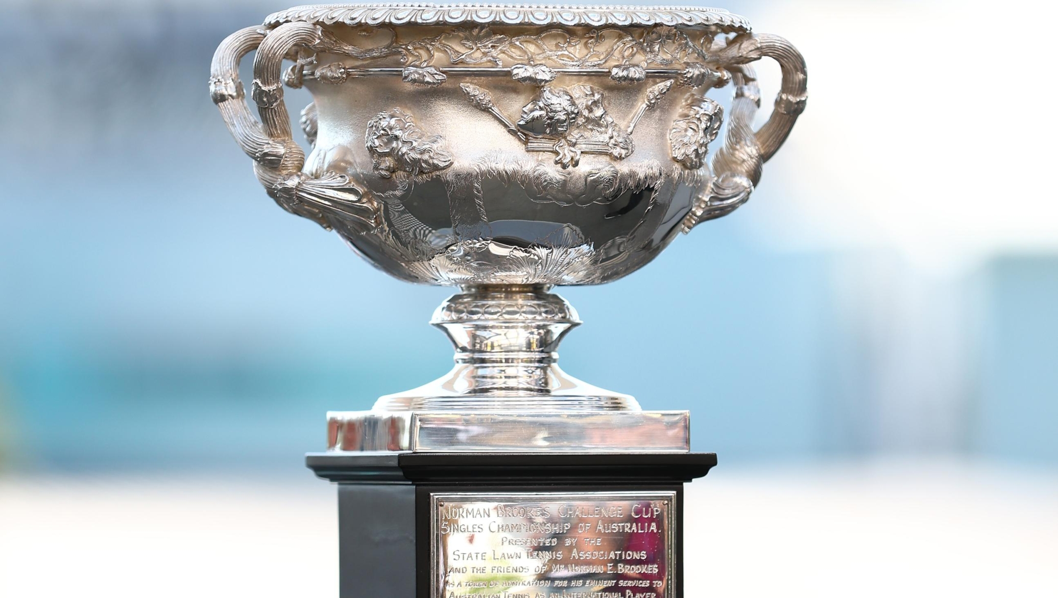 MELBOURNE, AUSTRALIA - JANUARY 06:  The Norman Brookes Challenge Cup is seen during a media conference ahead of the 2024 Australian Open at Melbourne Park on January 06, 2024 in Melbourne, Australia. (Photo by Graham Denholm/Getty Images)