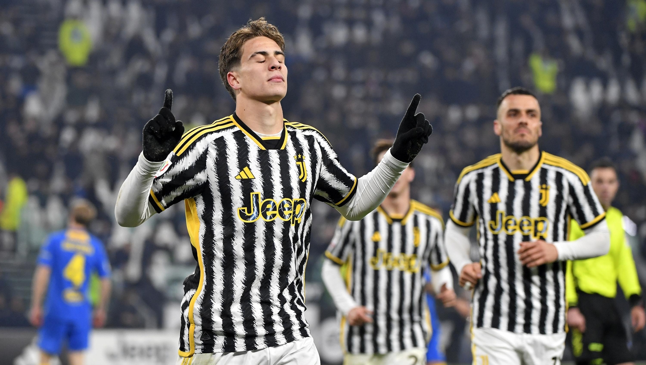 TURIN, ITALY - JANUARY 11: Kenan Yildiz of Juventus celebrates after scoring his team's fourth goal during the Coppa Italia Quarter-Final match between Juventus FC and Frosinone Calcio at Allianz Stadium on January 11, 2024 in Turin, Italy. (Photo by Filippo Alfero - Juventus FC/Juventus FC via Getty Images)