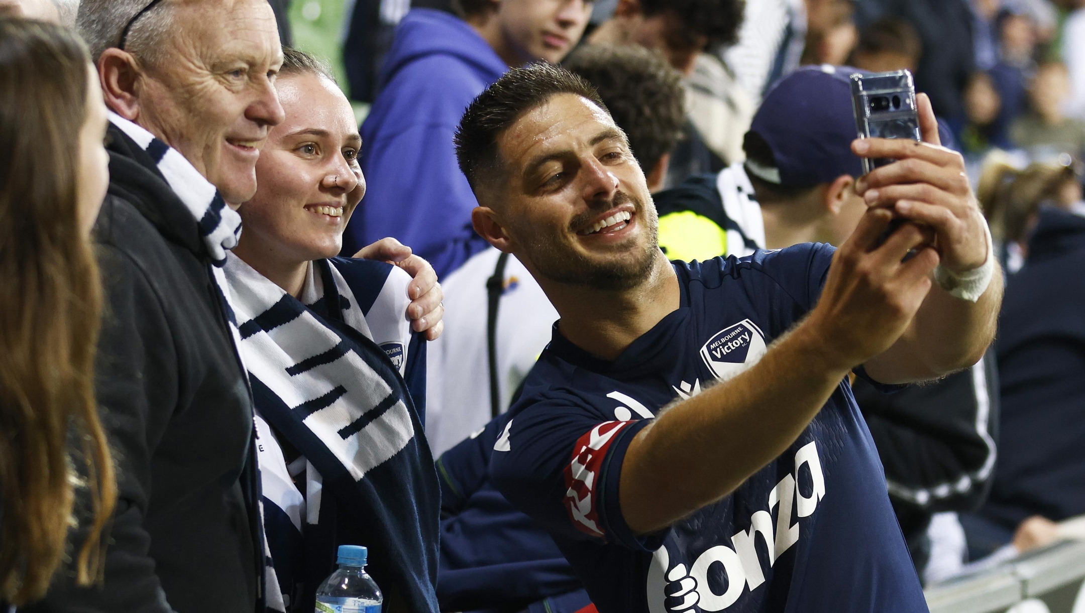 MELBOURNE, AUSTRALIA - NOVEMBER 04: Bruno Fornaroli of the Victory celebrates with fans after winning the round five A-League Men's match between Melbourne Victory and Newcastle Jets at AAMI Park, on November 04, 2022, in Melbourne, Australia. (Photo by Daniel Pockett/Getty Images)