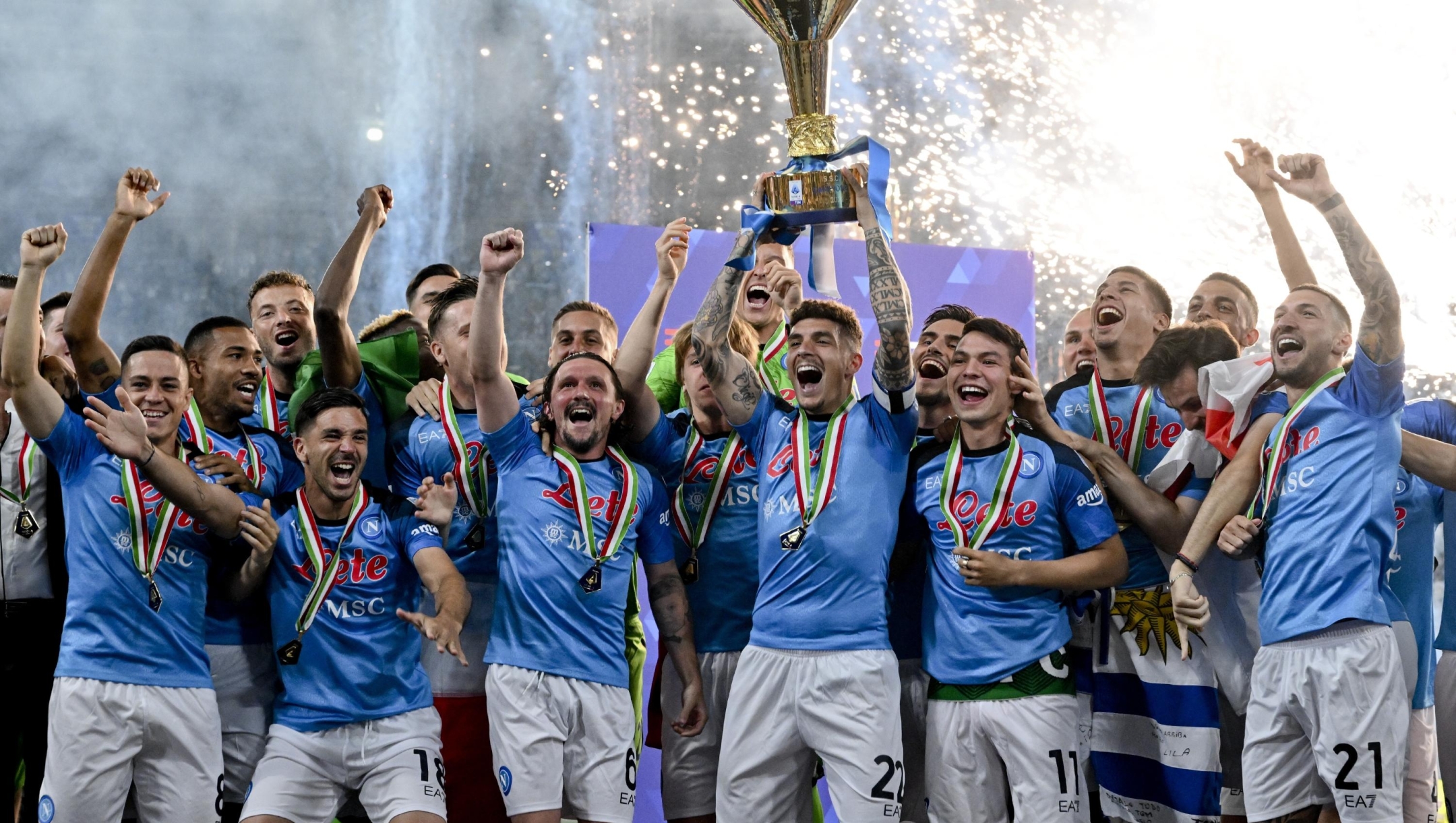 Napoli's players celebrate after winning the Serie A soccer title trophy at the Diego Maradona Stadium, in Naples, Sunday, June 4, 2023.(Ciro Fusco/ANSA, Pool Photo via AP)