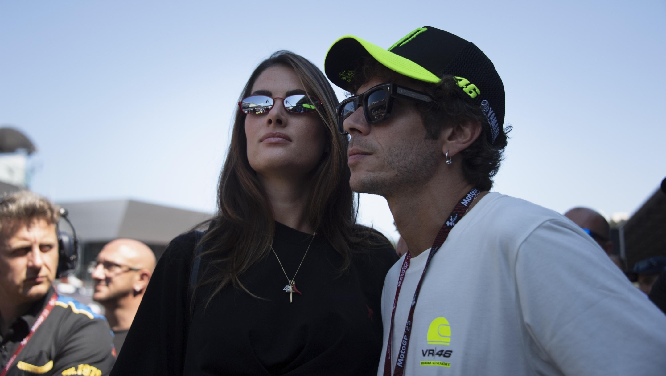 SPIELBERG, AUSTRIA - AUGUST 20: Valentino Rossi of Italy and Francesca Sofia Novello of Italy (girlfriend of Valentino Rossi of ITALY ) look on from the grid during the MotoGP race during the MotoGP of Austria - Race at Red Bull Ring on August 20, 2023 in Spielberg, Austria. (Photo by Mirco Lazzari gp/Getty Images)