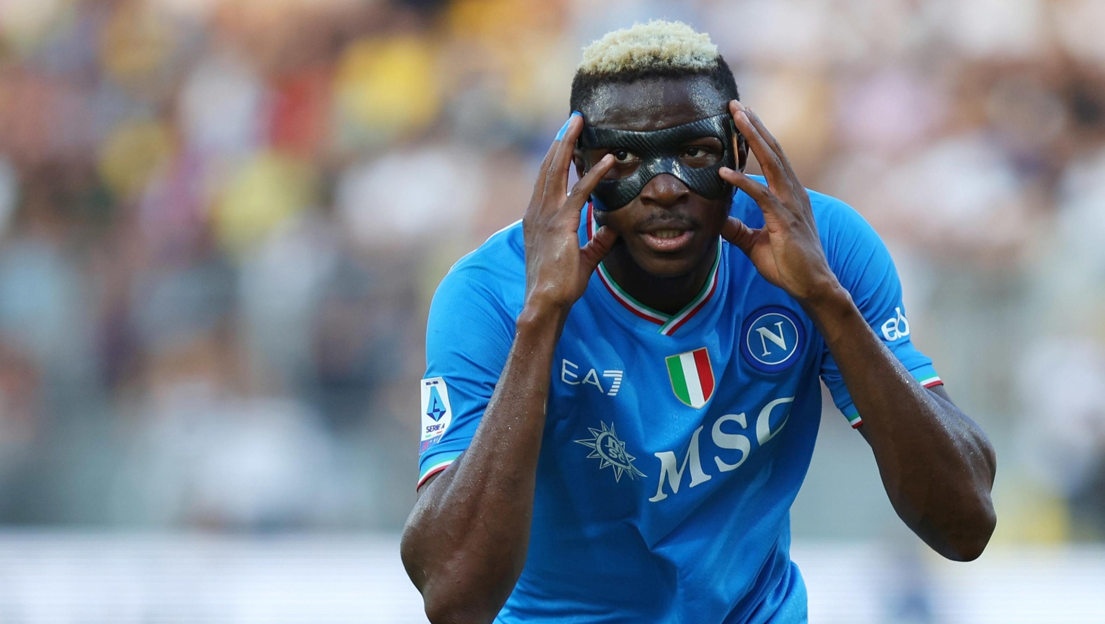 Victor Osimhen of Napoli celebrates after scoring 1-2 goal during the Serie A soccer match between Frosinone Calcio and SSC Napoli at Benito Stirpe stadium in Frosinone, Italy, 19 August 2023. ANSA/FEDERICO PROIETTI
