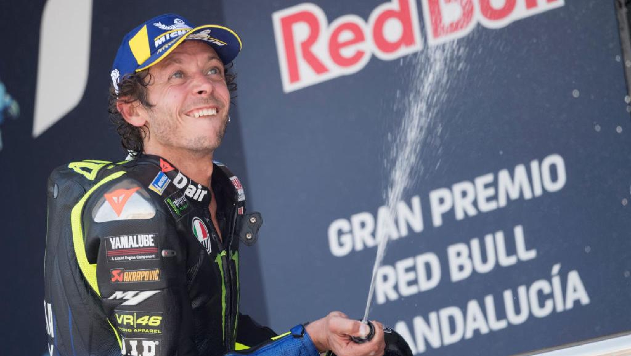 JEREZ DE LA FRONTERA, SPAIN - JULY 26: Valentino Rossi of Italy and Monster Energy Yamaha MotoGP Team celebrates the third place on the podium during the MotoGP race during the MotoGP of Andalucia - Race at Circuito de Jerez on July 26, 2020 in Jerez de la Frontera, Spain. (Photo by Mirco Lazzari gp/Getty Images)