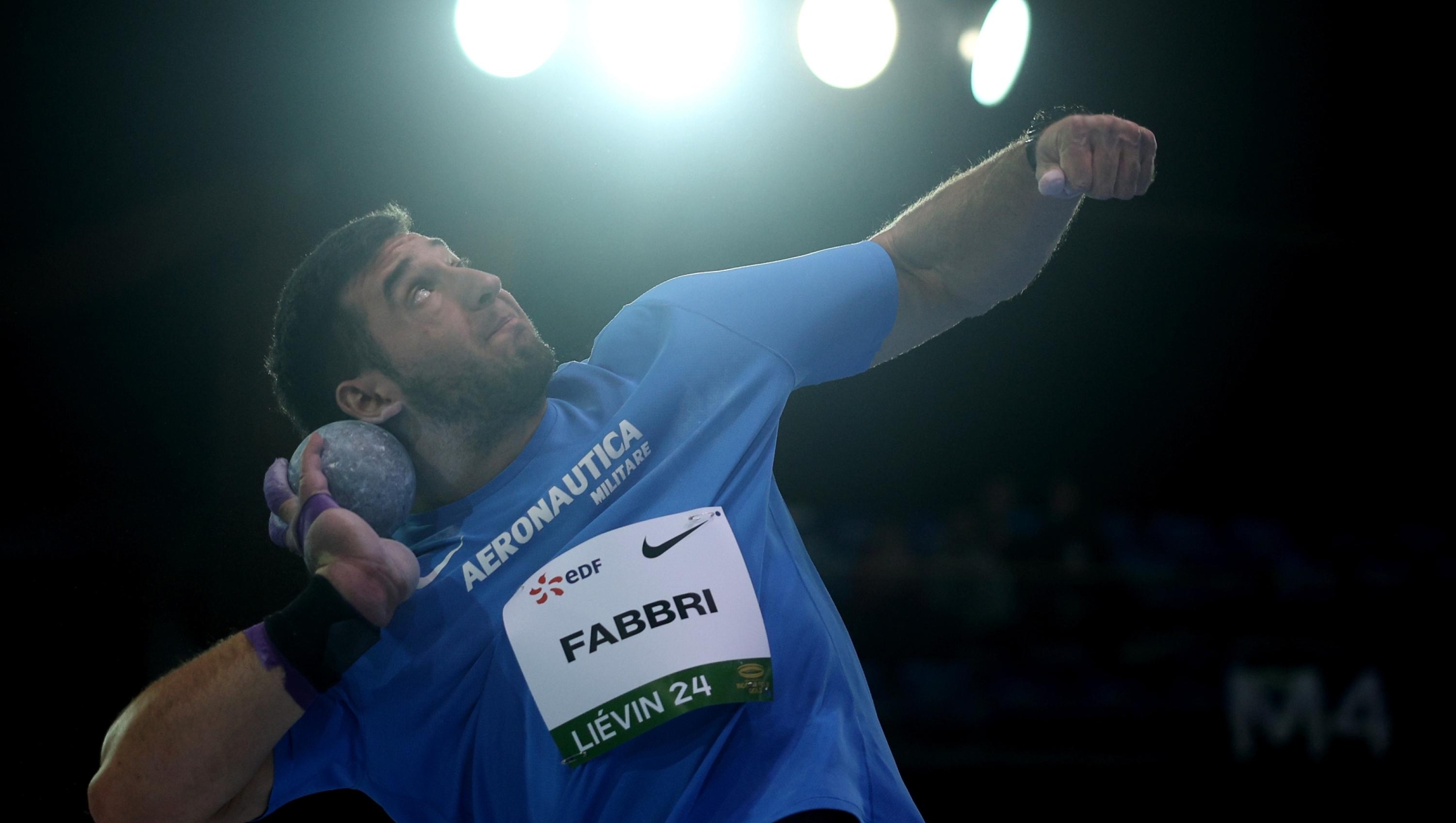 LIEVIN, FRANCE - FEBRUARY 10:  Leonardo Fabbri of Italy competes in the Shot Put Men Final during the Meeting Hauts de France Pas de Calais EDF Trophy as part of the World Indoor Tour Gold at Arena Stade Couvert de Lievin on February 10, 2024 in Lievin, France. (Photo by Dean Mouhtaropoulos/Getty Images)