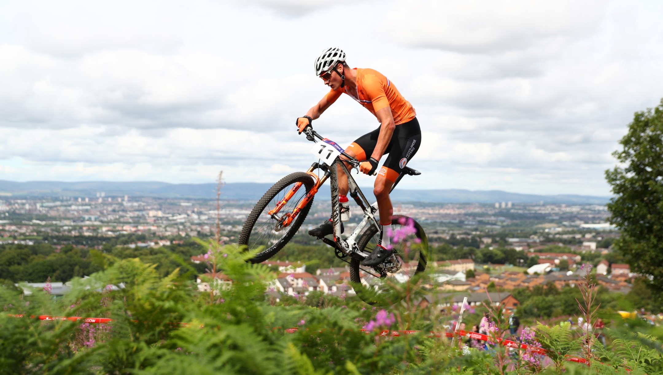 <enter caption here> during the Men's Mountain Bike Cross-Country on Day Six of the European Championships Glasgow 2018 at Cathkin Braes Mountain Bike Trails on August 7, 2018 in Glasgow, Scotland.