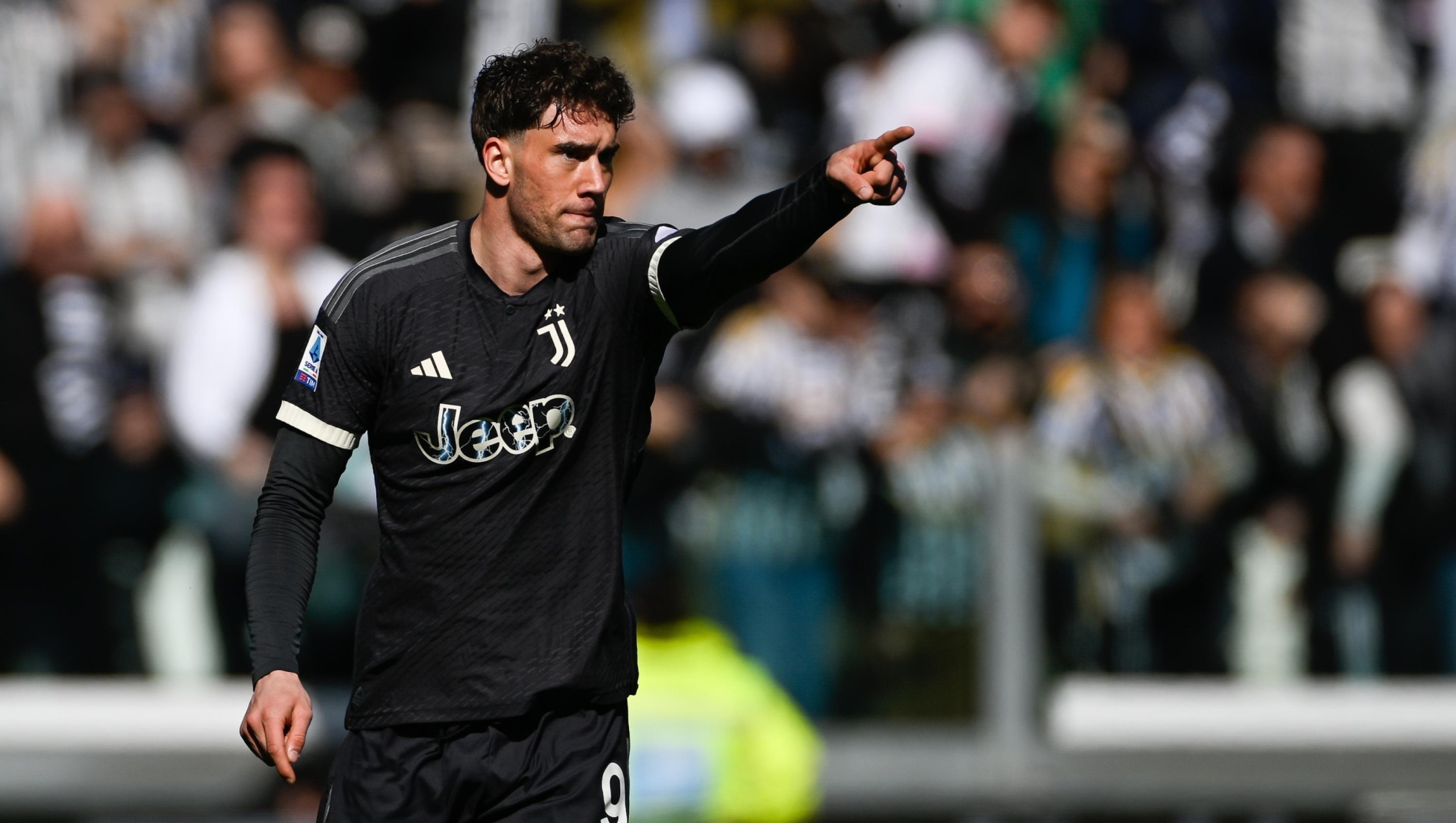 TURIN, ITALY - FEBRUARY 25: Dusan Vlahovic of Juventus celebrates after scoring his team's second goal during the Serie A TIM match between Juventus and Frosinone Calcio at Allianz Stadium on February 25, 2024 in Turin, Italy. (Photo by Daniele Badolato - Juventus FC/Juventus FC via Getty Images)