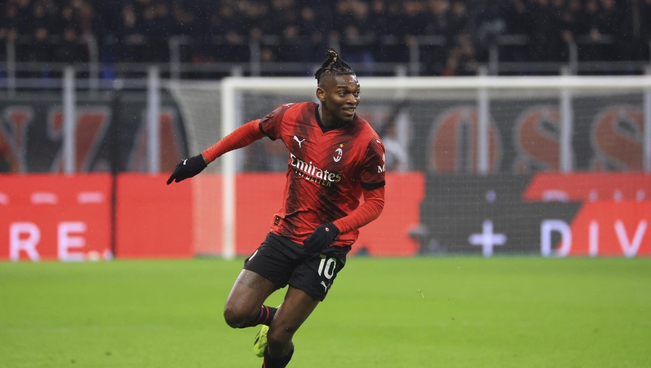 MILAN, ITALY - FEBRUARY 25: Rafael Leao of AC Milan in action during the Serie A TIM match between AC Milan and Atalanta BC at Stadio Giuseppe Meazza on February 25, 2024 in Milan, Italy. (Photo by Giuseppe Cottini/AC Milan via Getty Images)