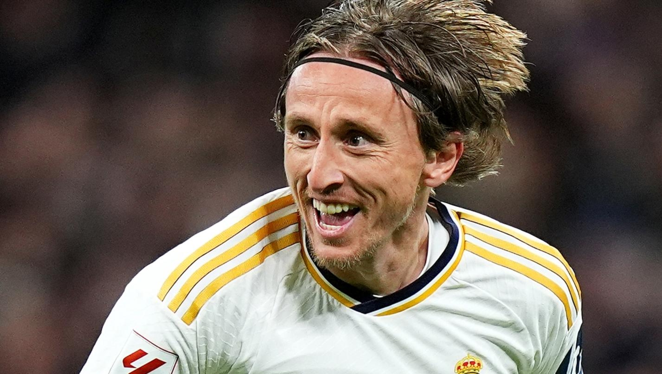 MADRID, SPAIN - FEBRUARY 25: Luka Modric of Real Madrid celebrates scoring his team's first goal during the LaLiga EA Sports match between Real Madrid CF and Sevilla FC at Estadio Santiago Bernabeu on February 25, 2024 in Madrid, Spain. (Photo by Angel Martinez/Getty Images)