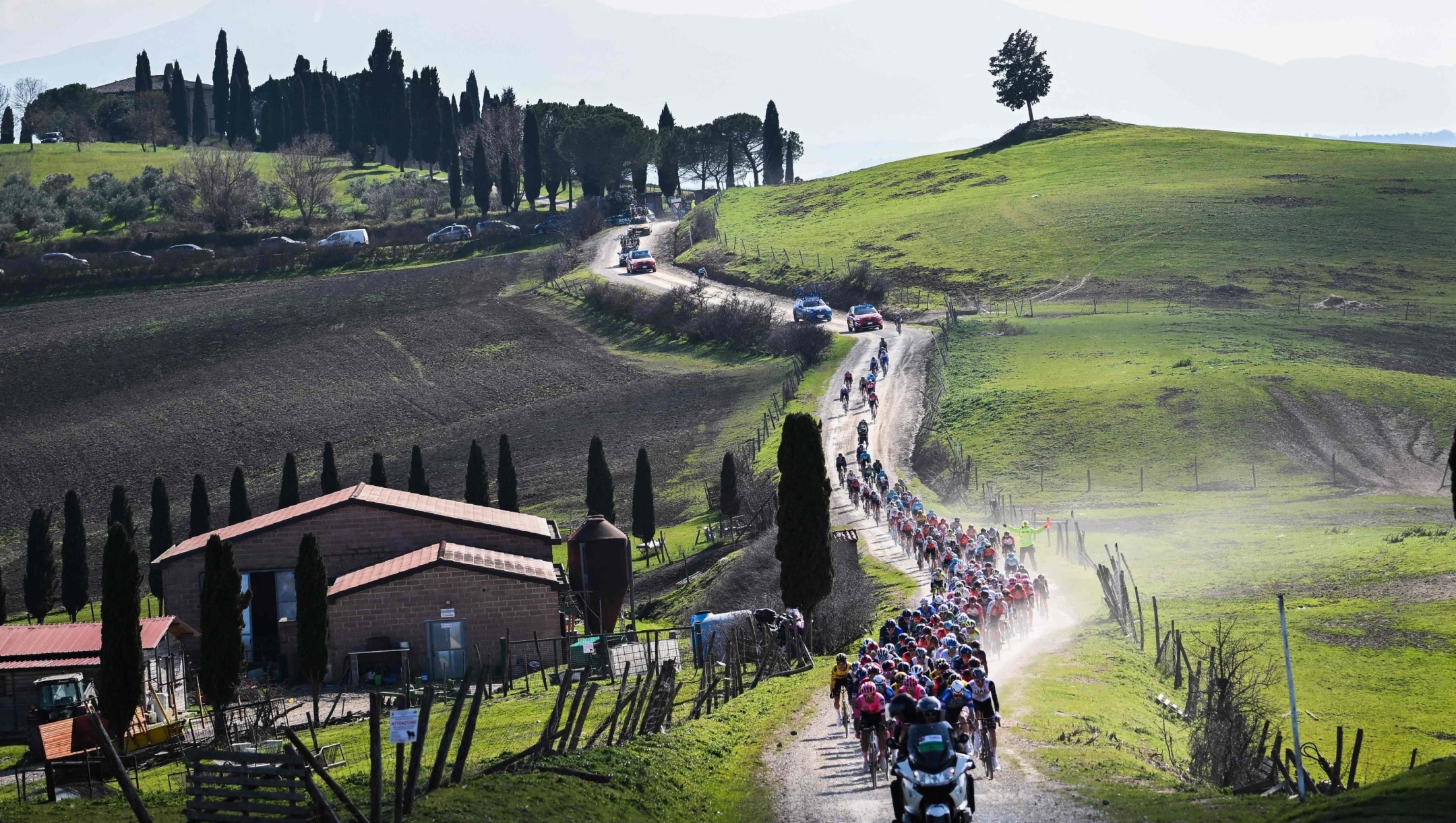 The pack rides during the 17th one-day classic 'Strade Bianche' (White Roads) cycling race, 184 km between Siena and Siena, Tuscany, on March 4, 2023. (Photo by Marco BERTORELLO / AFP)
