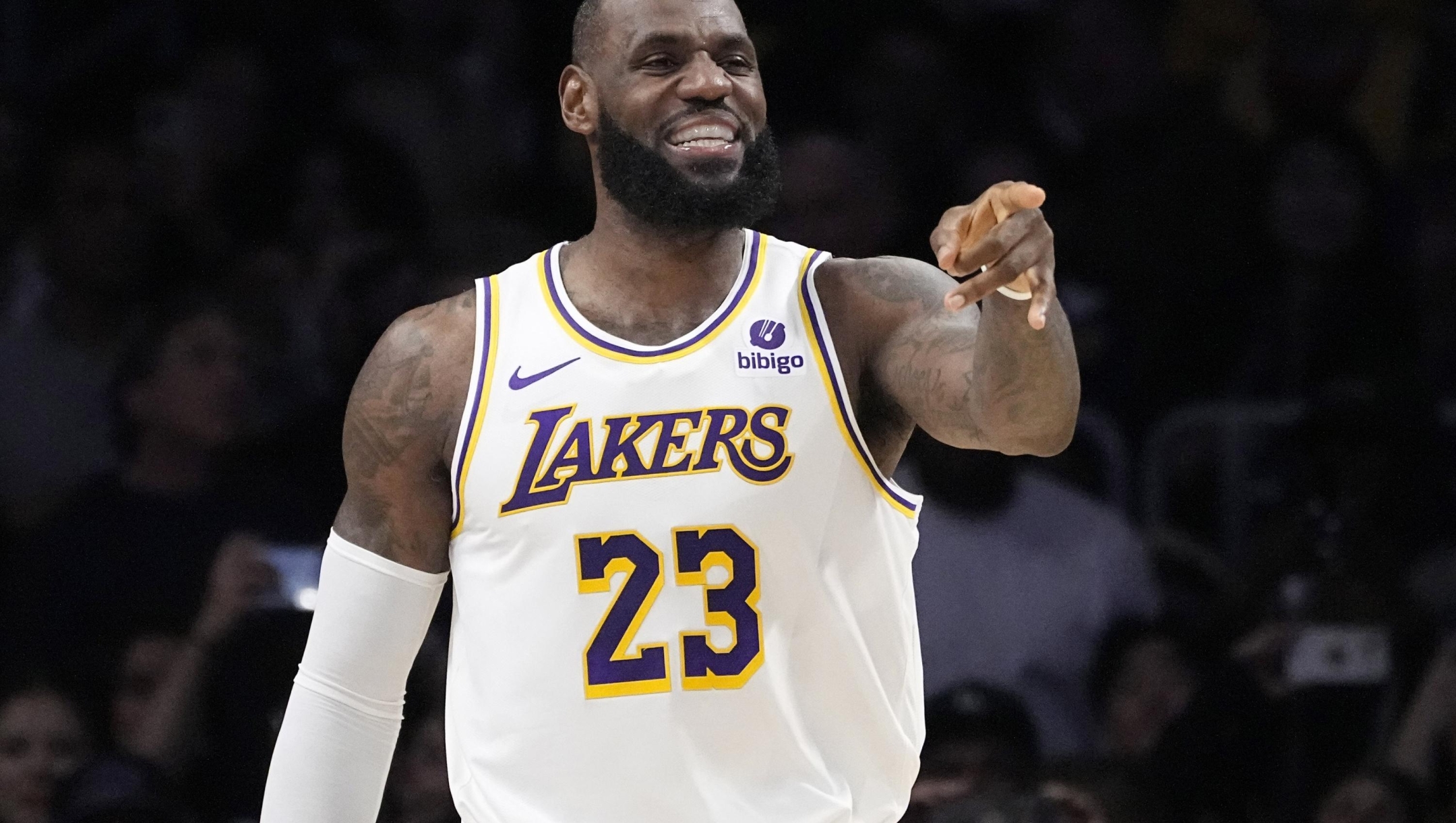 Los Angeles Lakers forward LeBron James gestures during the first half of an NBA basketball game against the Denver Nuggets Saturday, March 2, 2024, in Los Angeles. (AP Photo/Mark J. Terrill)