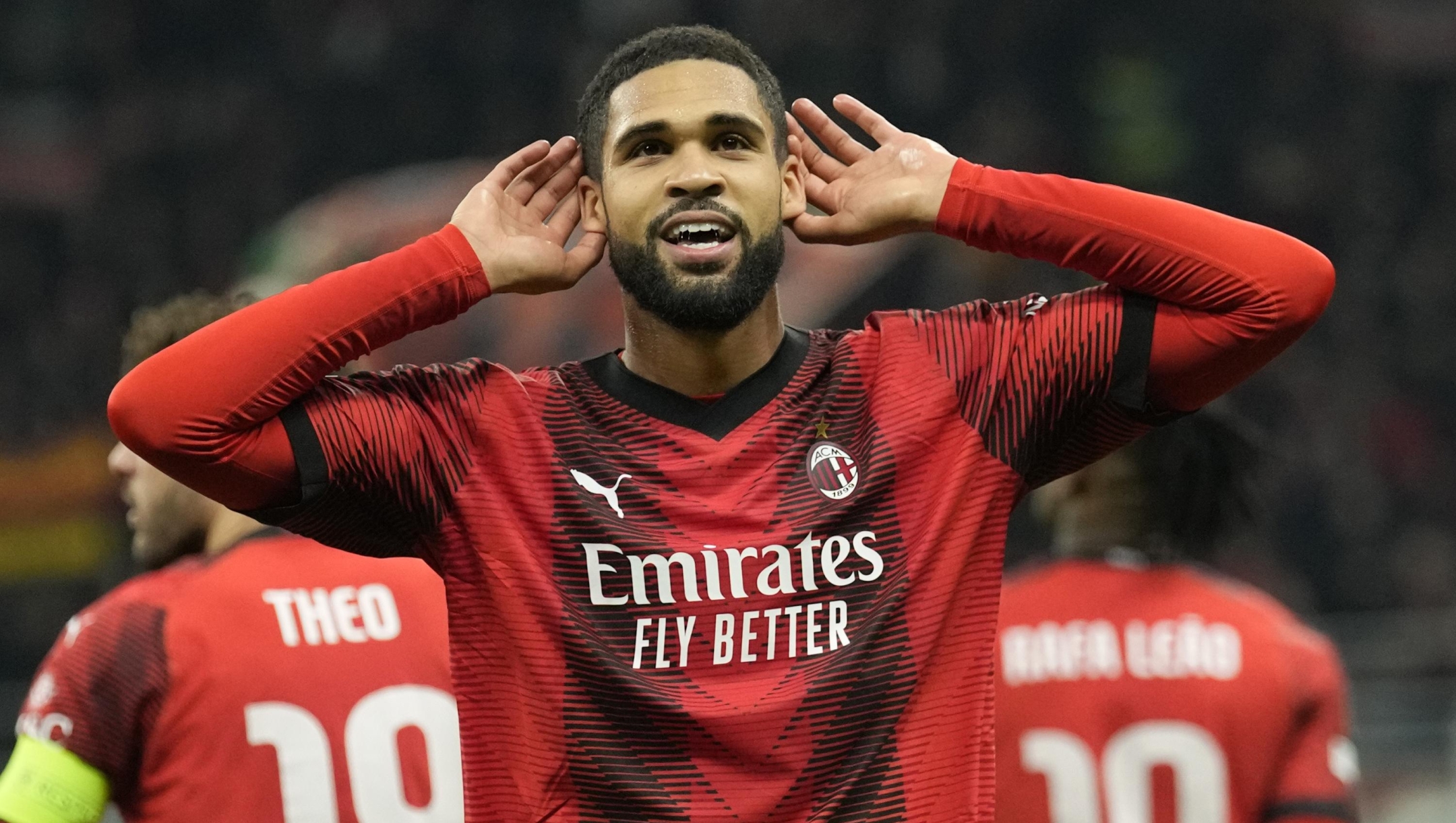 AC Milan's Ruben Loftus-Cheek celebrates after scoring his side's third goal during the Europa League round of 16 first leg soccer match between AC Milan and Slavia Praha at the San Siro Stadium, in Milan, Italy, Thursday, March 7, 2024. (AP Photo/Antonio Calanni)     Associated Press / LaPresse Only italy and Spain