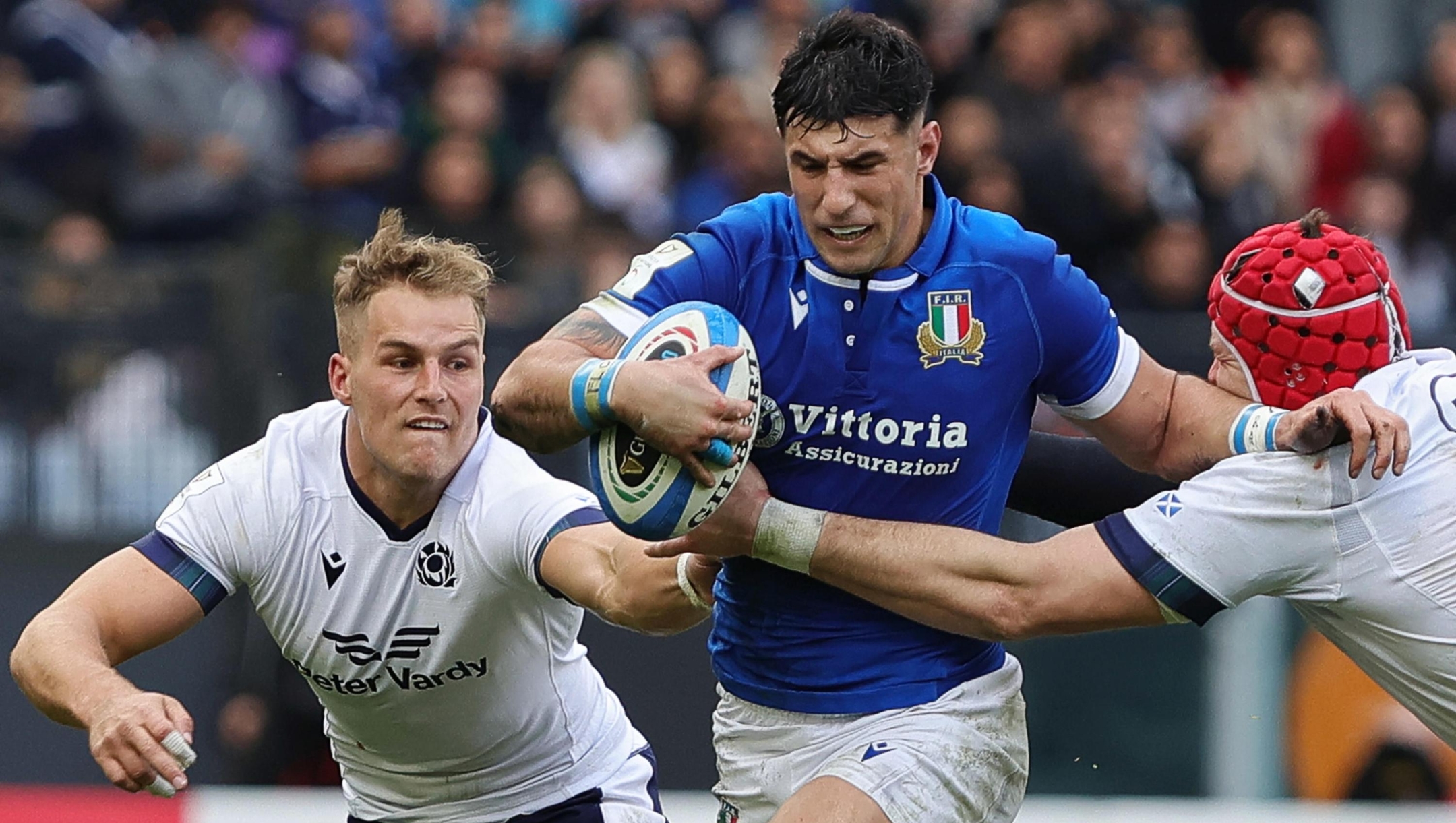 Tommaso Menoncello of Italy in action during the Six Nations rugby match between Italy and Scotland at Olimpico stadium in Rome, Italy, 09 March 2024. ANSA/FEDERICO PROIETTI