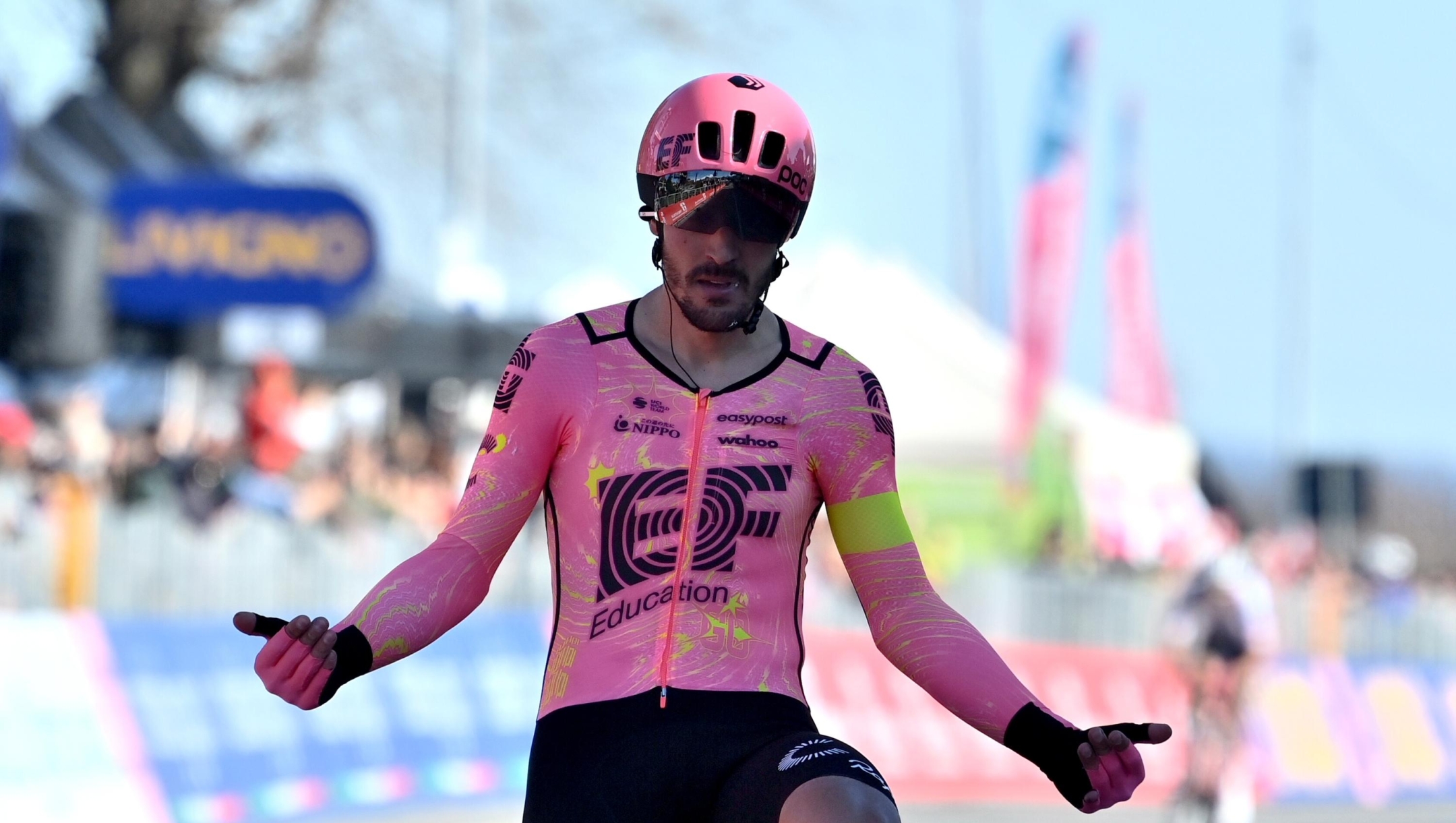 Alberto Bettiol (EF EDUCATION - EASYPOST) celebrates as he cycles to the finish line to win the men's elite race of the Milano-Torino one day cycling race (177km) from Rho and to Salassa - North West Italy - Wednesday, March 13, 2024. Sport, Cycling. (Photo by Gian Mattia D'Alberto/LaPresse)