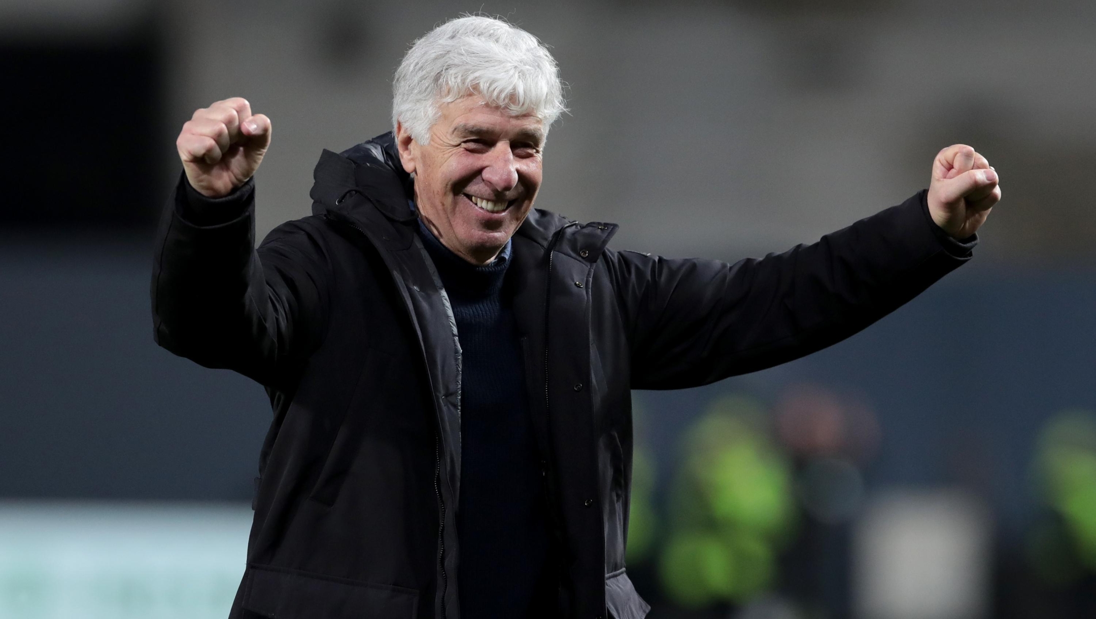 BERGAMO, ITALY - MARCH 14: Gian Piero Gasperini, Head Coach of Atalanta BC, celebrates following the team's victory during the UEFA Europa League 2023/24 round of 16 second leg match between Atalanta and Sporting CP at the Stadio di Bergamo on March 14, 2024 in Bergamo, Italy. (Photo by Emilio Andreoli/Getty Images)
