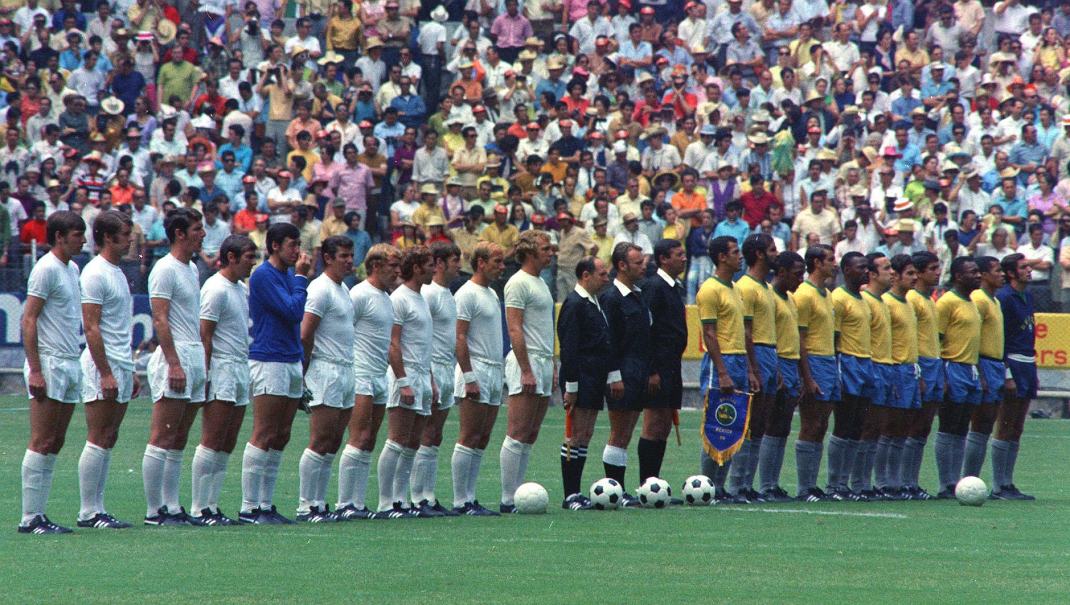 **  FILE  **  Teams from England and Brazil line up prior to their World Cup match in Jalisco Stadium in Mexico, June 7 1970, which was the last time the two countries met in a World Cup match. On Friday June 21, 2002, the teams from the two countries will play in a World Cup quarterfinal match in Japan. (AP Photo/File)