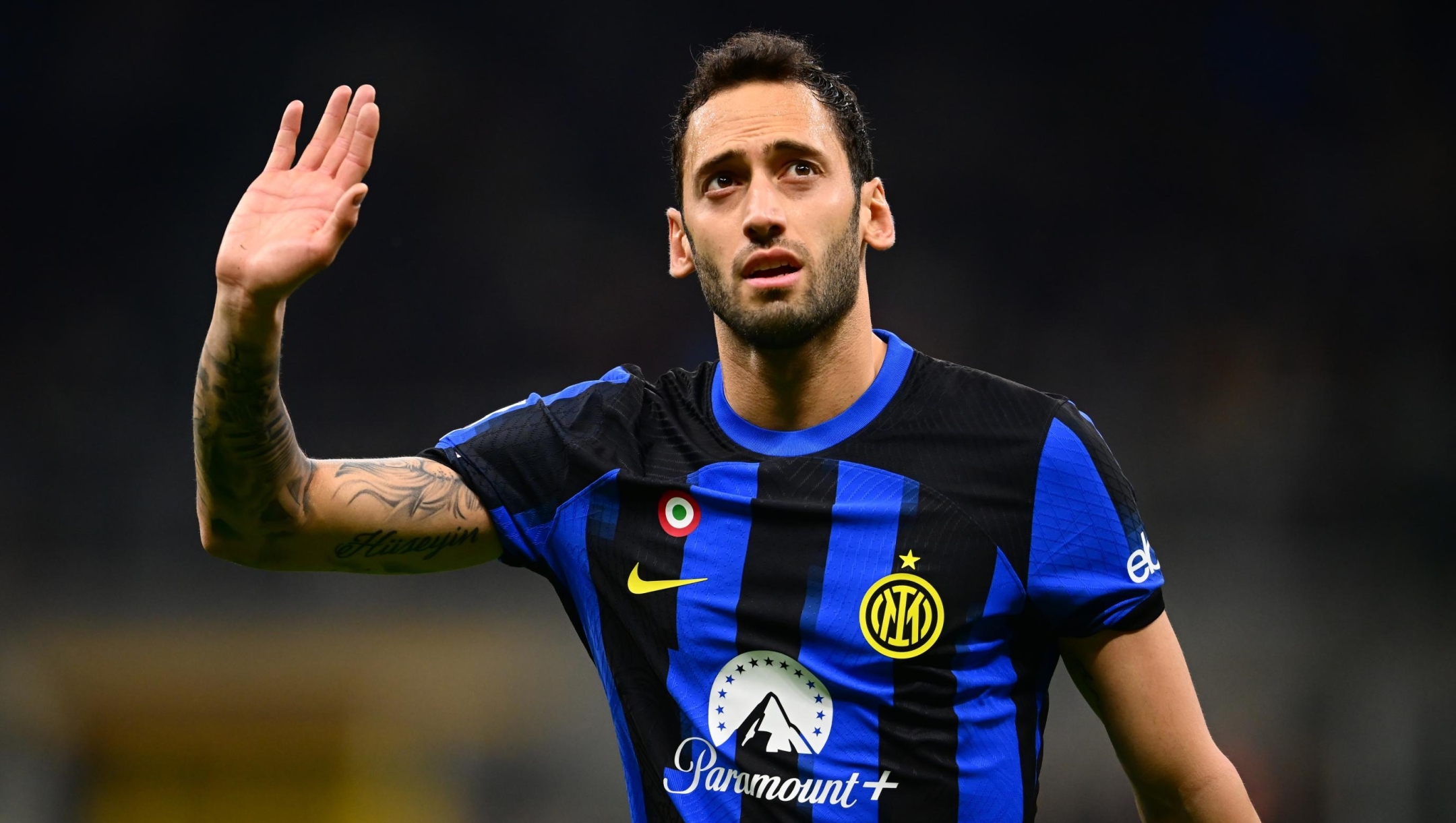 MILAN, ITALY - MARCH 17:  Hakan Calhanoglu of FC Internazionale reacts during the Serie A TIM match between FC Internazionale and SSC Napoli at Stadio Giuseppe Meazza on March 17, 2024 in Milan, Italy. (Photo by Mattia Pistoia - Inter/Inter via Getty Images)