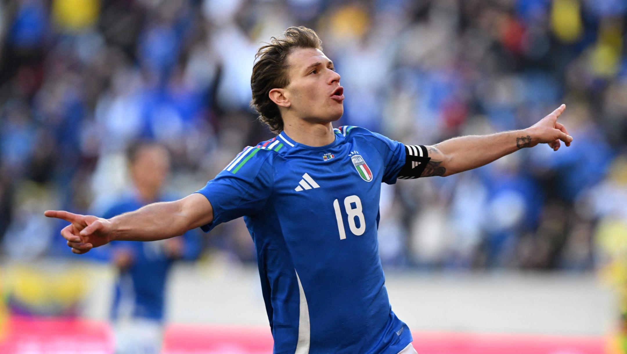 HARRISON, NEW JERSEY - MARCH 24: Nicolo Barella of Italy celebrates after scoring the goal during the International Friendly match between Ecuador and Italy at Red Bull Arena on March 24, 2024 in Harrison, New Jersey.   Claudio Villa/Getty Images/AFP (Photo by CLAUDIO VILLA / GETTY IMAGES NORTH AMERICA / Getty Images via AFP)