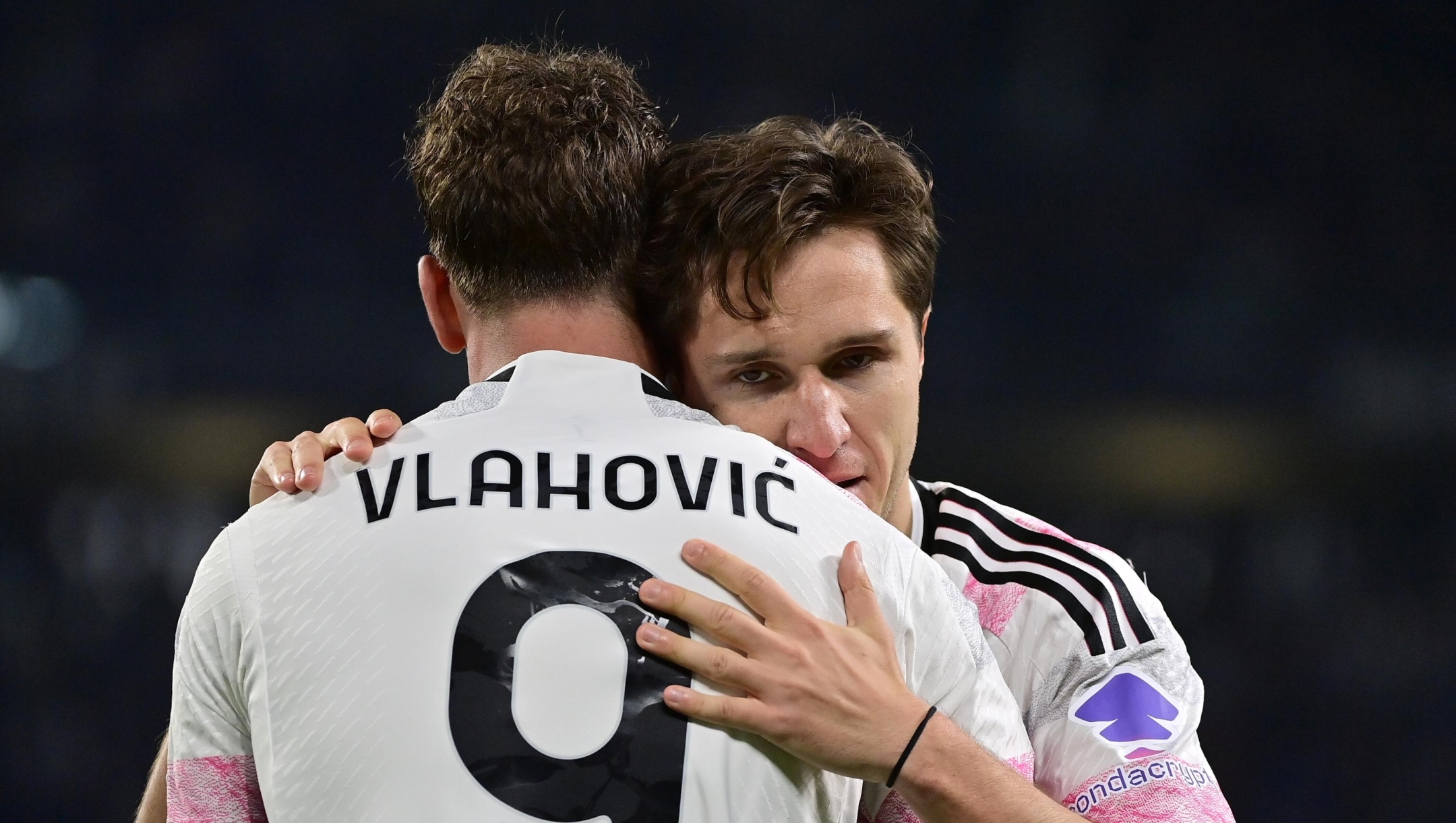 Juventus' Federico Chiesa celebrates with Juventus' Dusan Vlahovic after scoring their side's first goal of the game during the Coppa Italia Semi-final (leg 1of 2)  soccer match between Juventus and Lazio at the Allianz Stadium in Torino, north west Italy - Tuesday, April 02, 2024 - Sport - Soccer  (Photo by Marco Alpozzi/Lapresse)