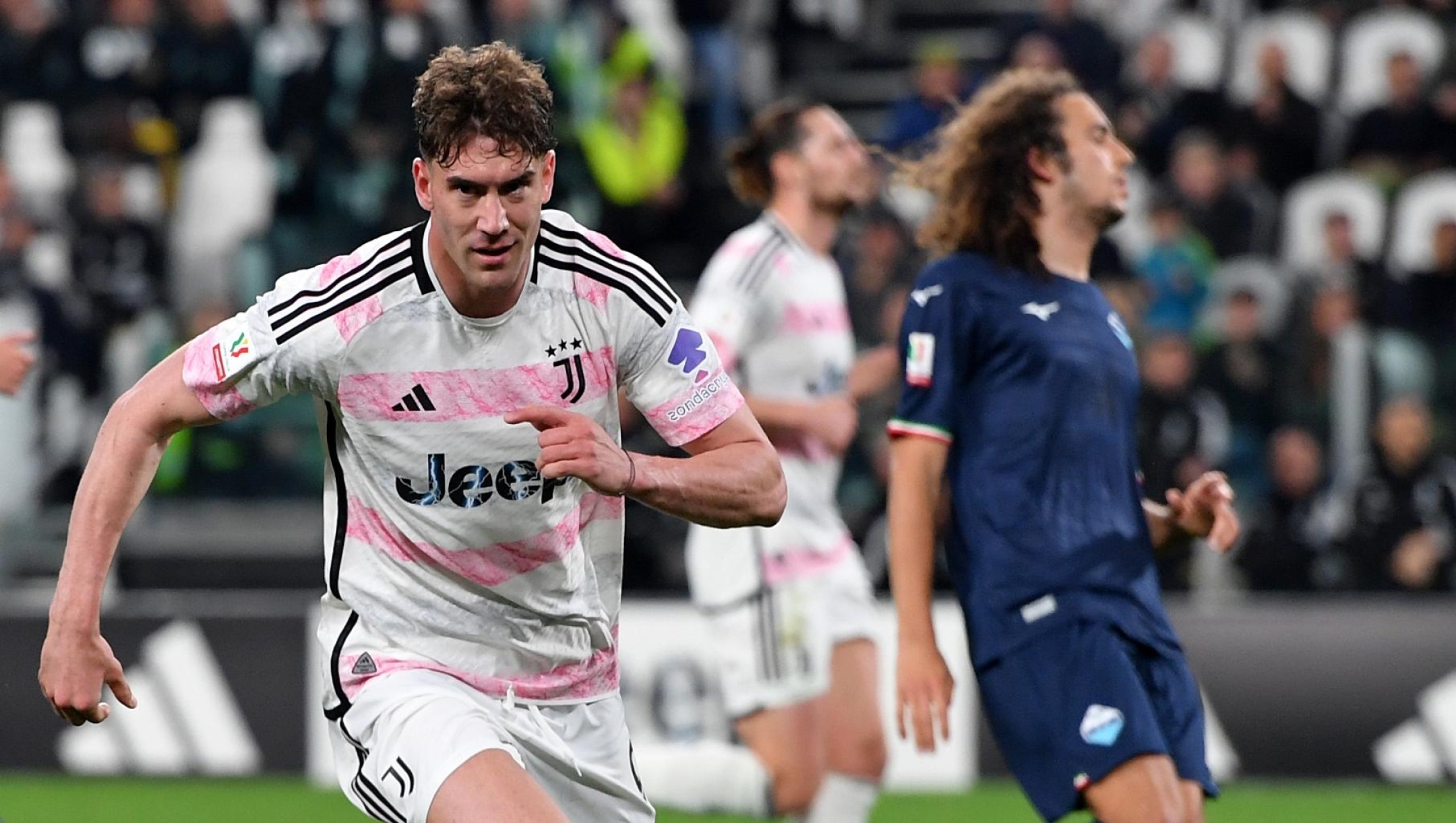 TURIN, ITALY - APRIL 02: Dusan Vlahovic of Juventus scores his team's second goal during the Coppa Italia Semi-final match between Juventus and SS Lazio at Allianz Stadium on April 02, 2024 in Turin, Italy. (Photo by Chris Ricco - Juventus FC/Juventus FC via Getty Images)